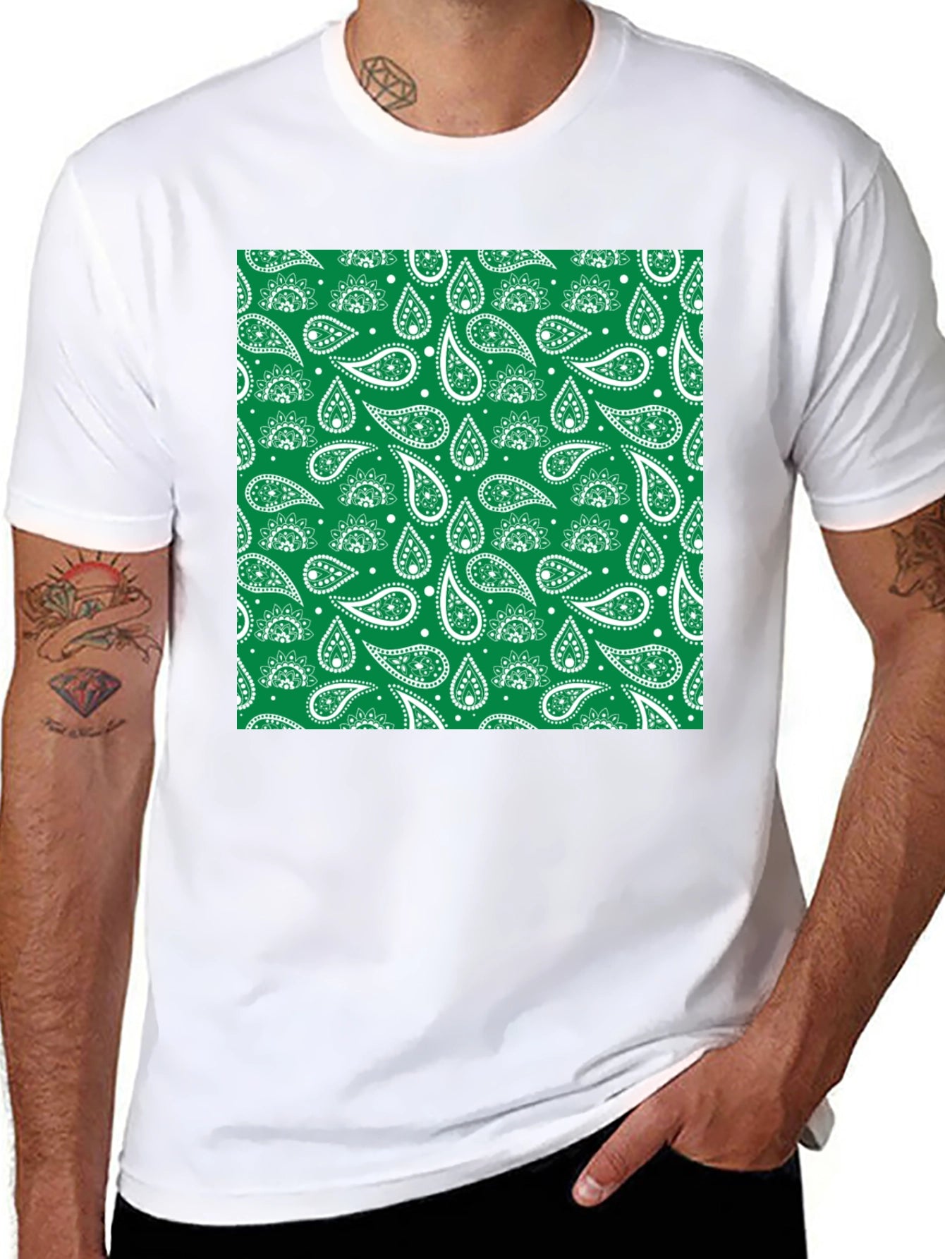 Green Paisley Print Black T-Shirt