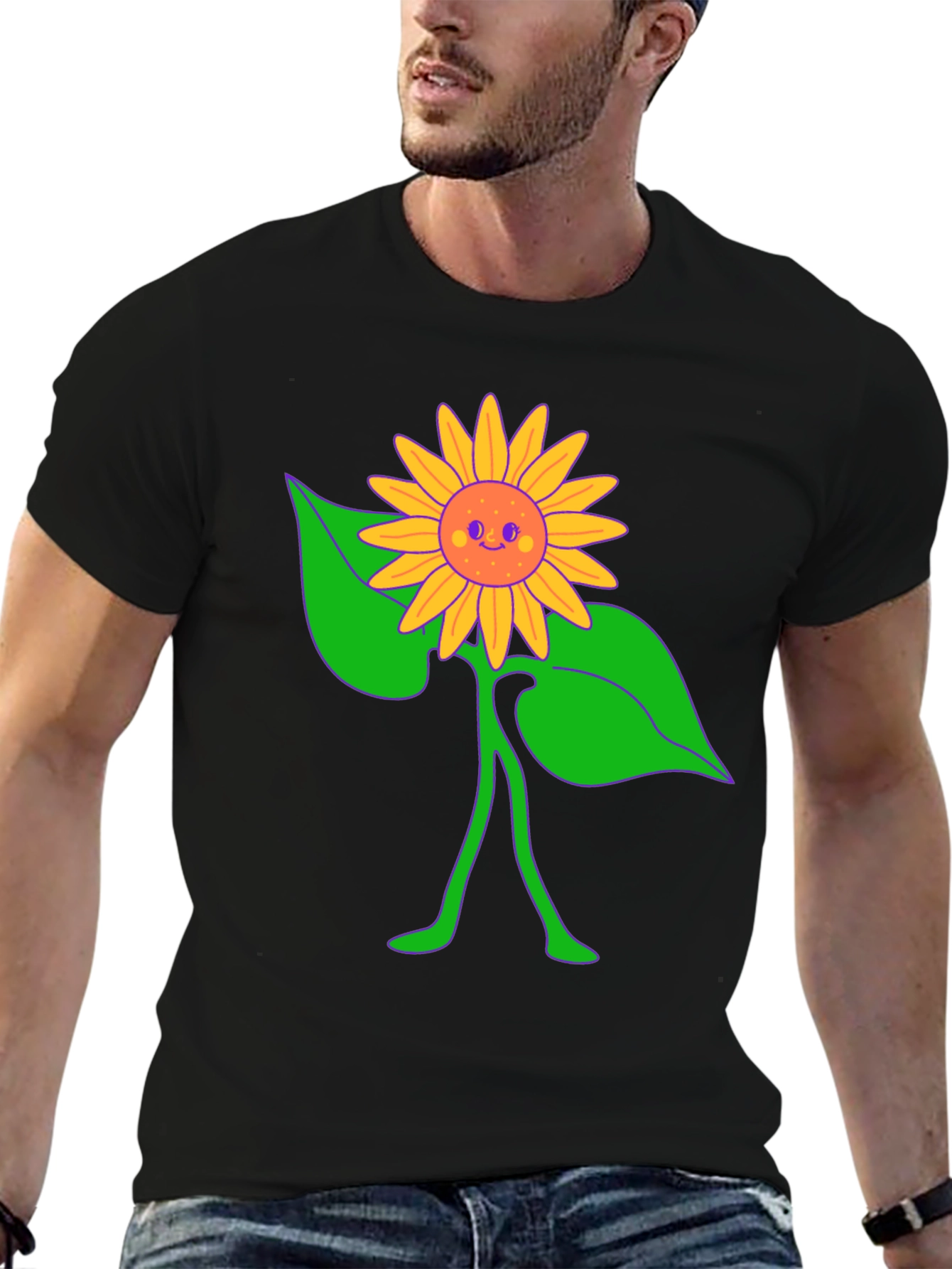 Groovy Sunflower Graphic Tee - Black Cotton Comfort