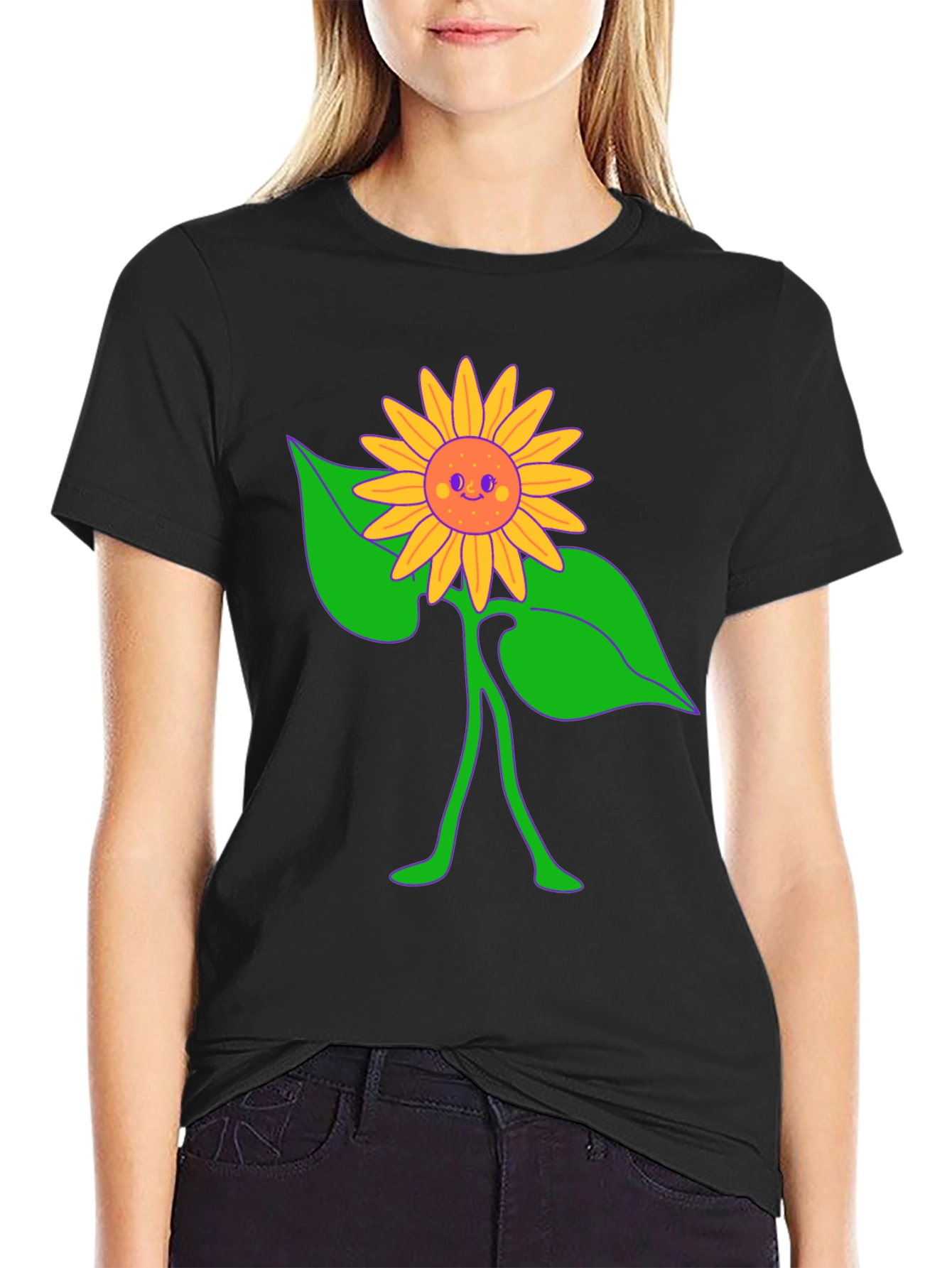 Groovy Sunflower Graphic Tee - Black Cotton Comfort
