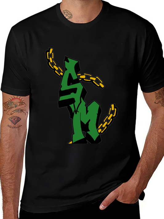 Green Graphic Tee with Gold Chain Design - Mens Fashion