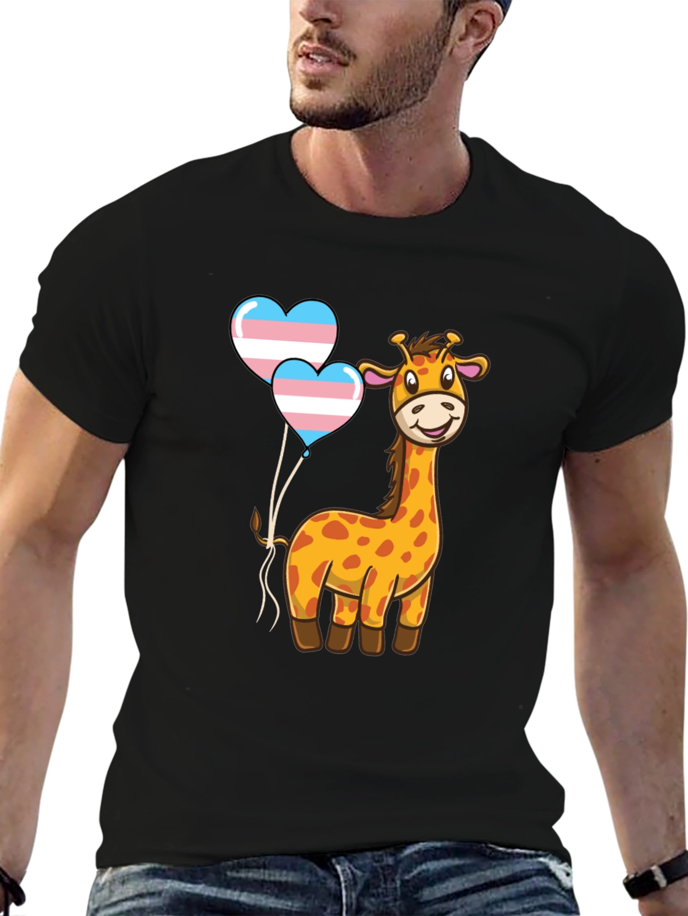 Giraffe & Trans Pride Heart Balloons Black T-Shirt