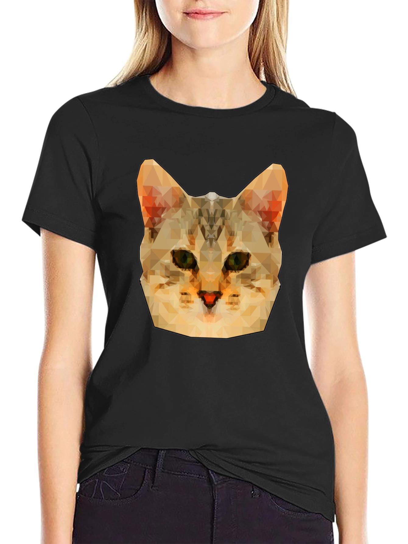 Geometric Cat Head Graphic Print Black T-Shirt