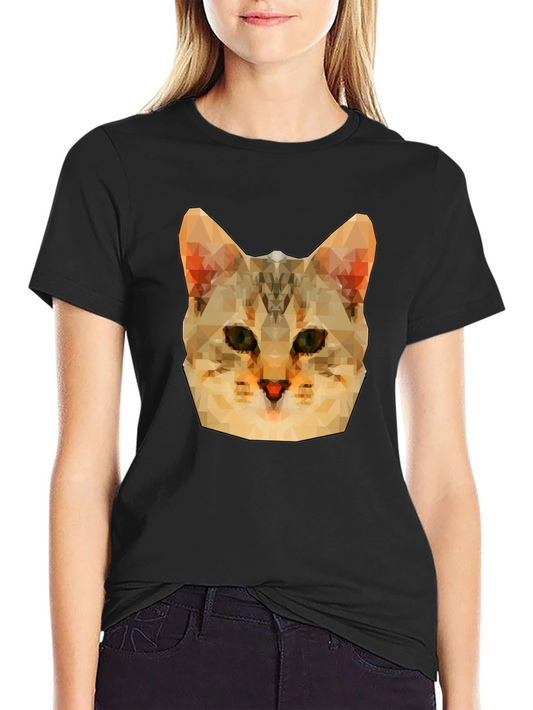 Geometric Cat Head Graphic Print Black T-Shirt