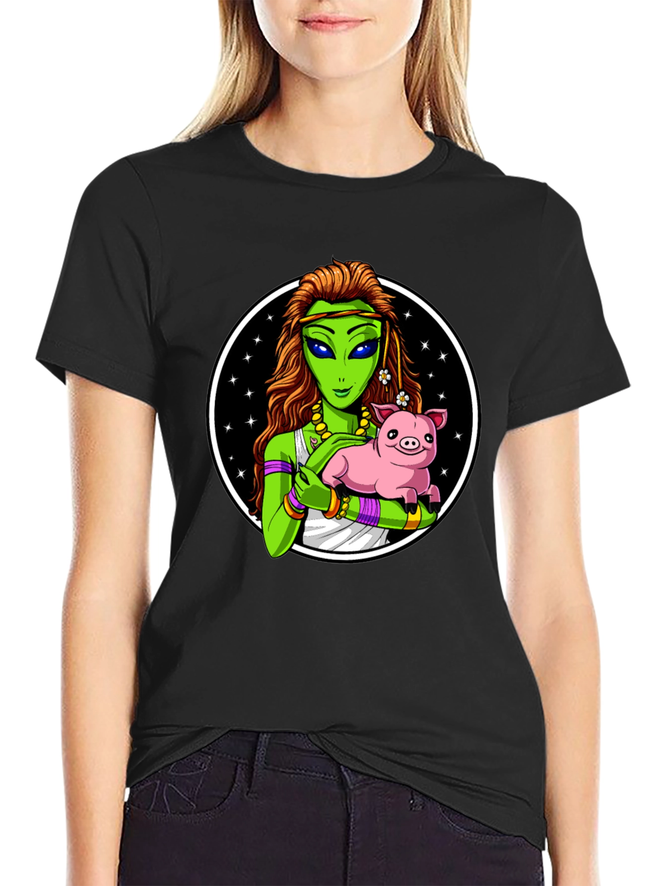 Alien Holding Pig T-Shirt - Unique Graphic Tee