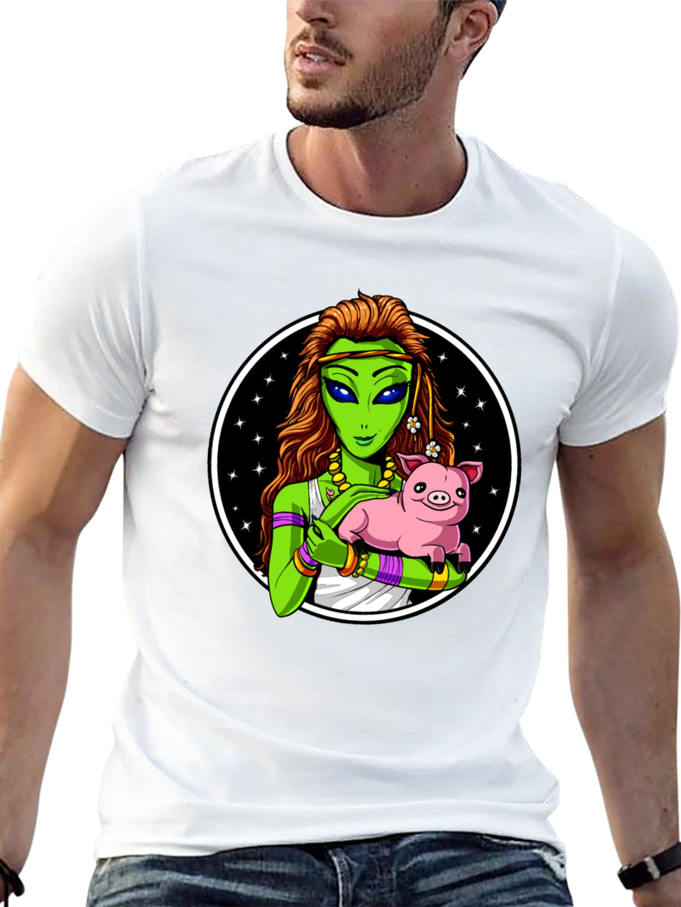 Alien Holding Pig T-Shirt - Unique Graphic Tee