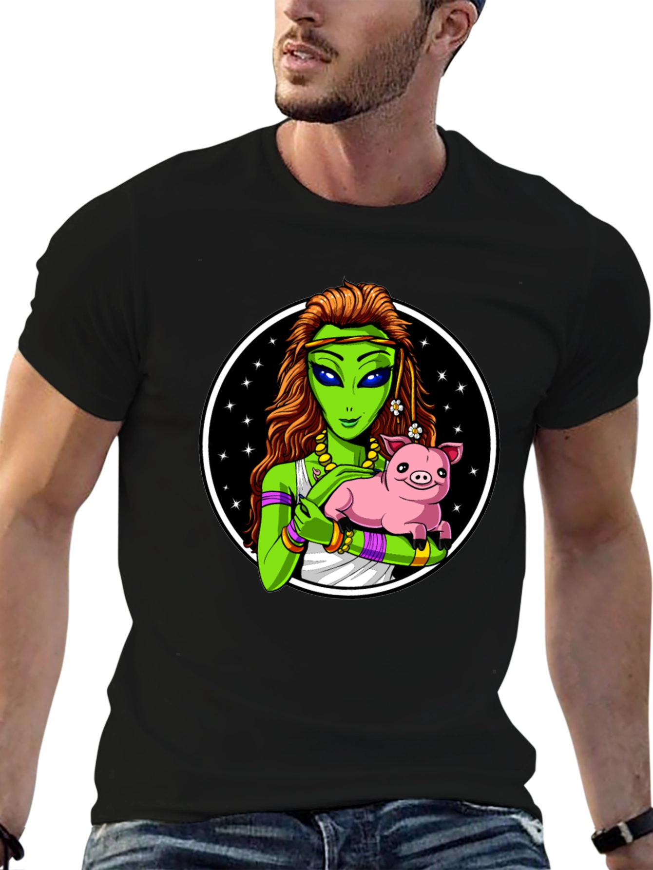 Alien Holding Pig T-Shirt - Unique Graphic Tee