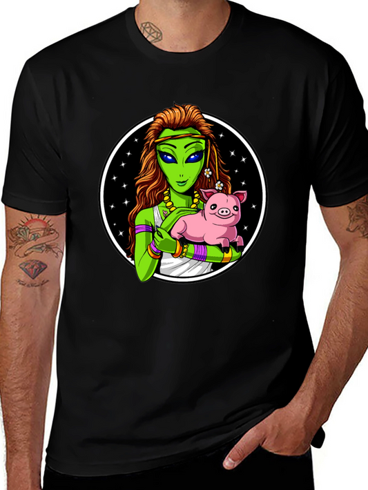 Alien Holding Pig T-Shirt - Unique Graphic Tee