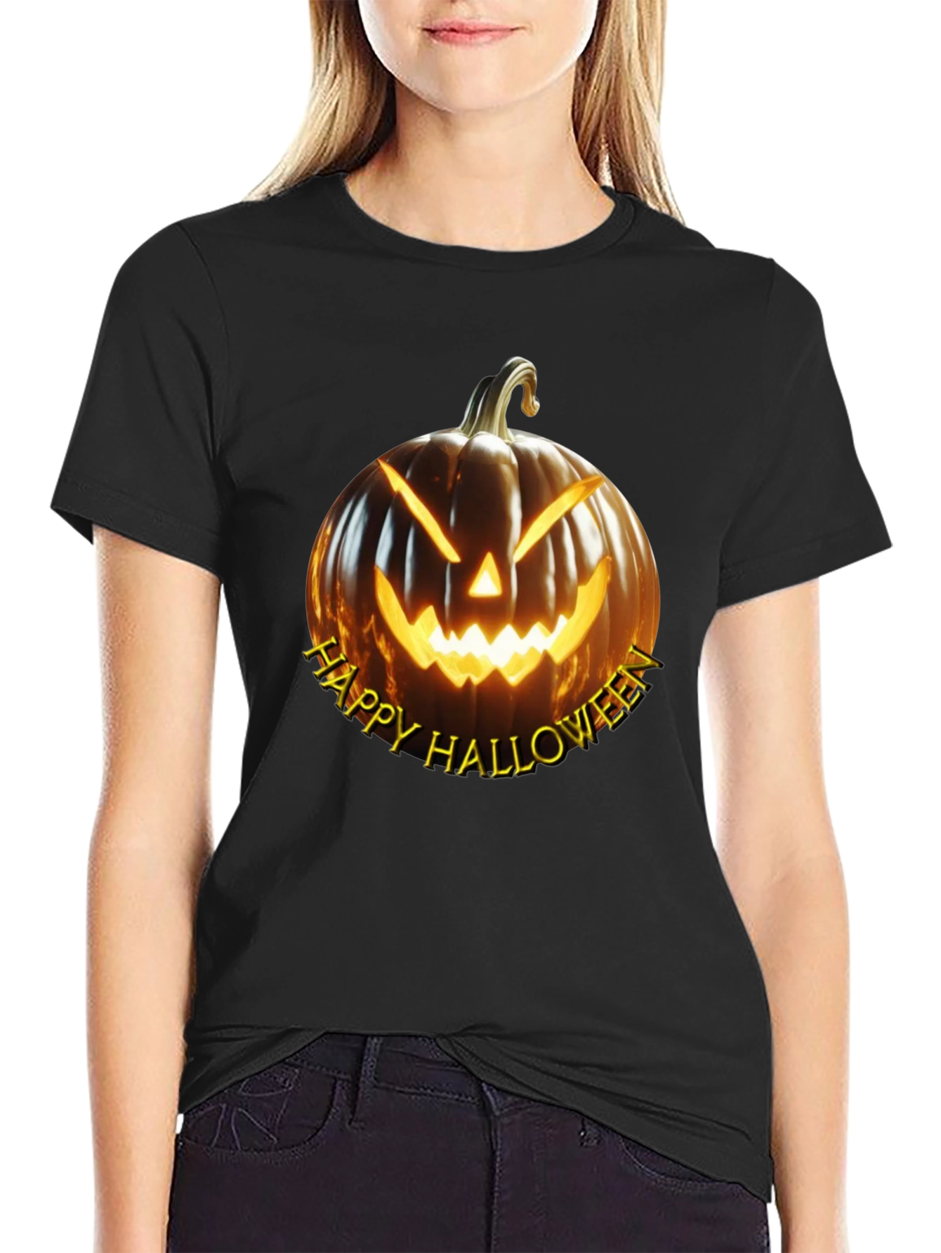 Happy Halloween Pumpkin Graphic Tee - Black