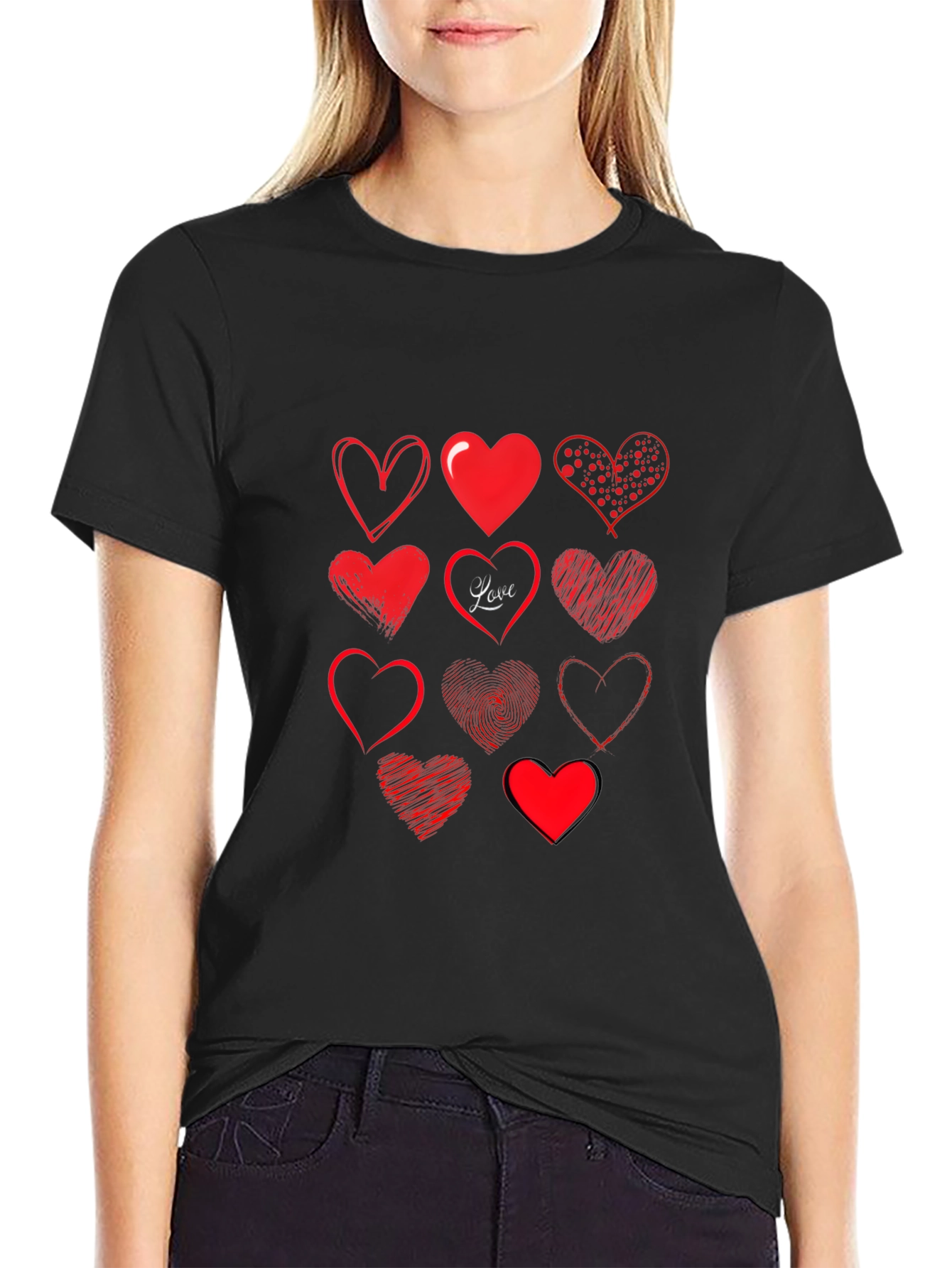 Heart Print Graphic Tee - Black