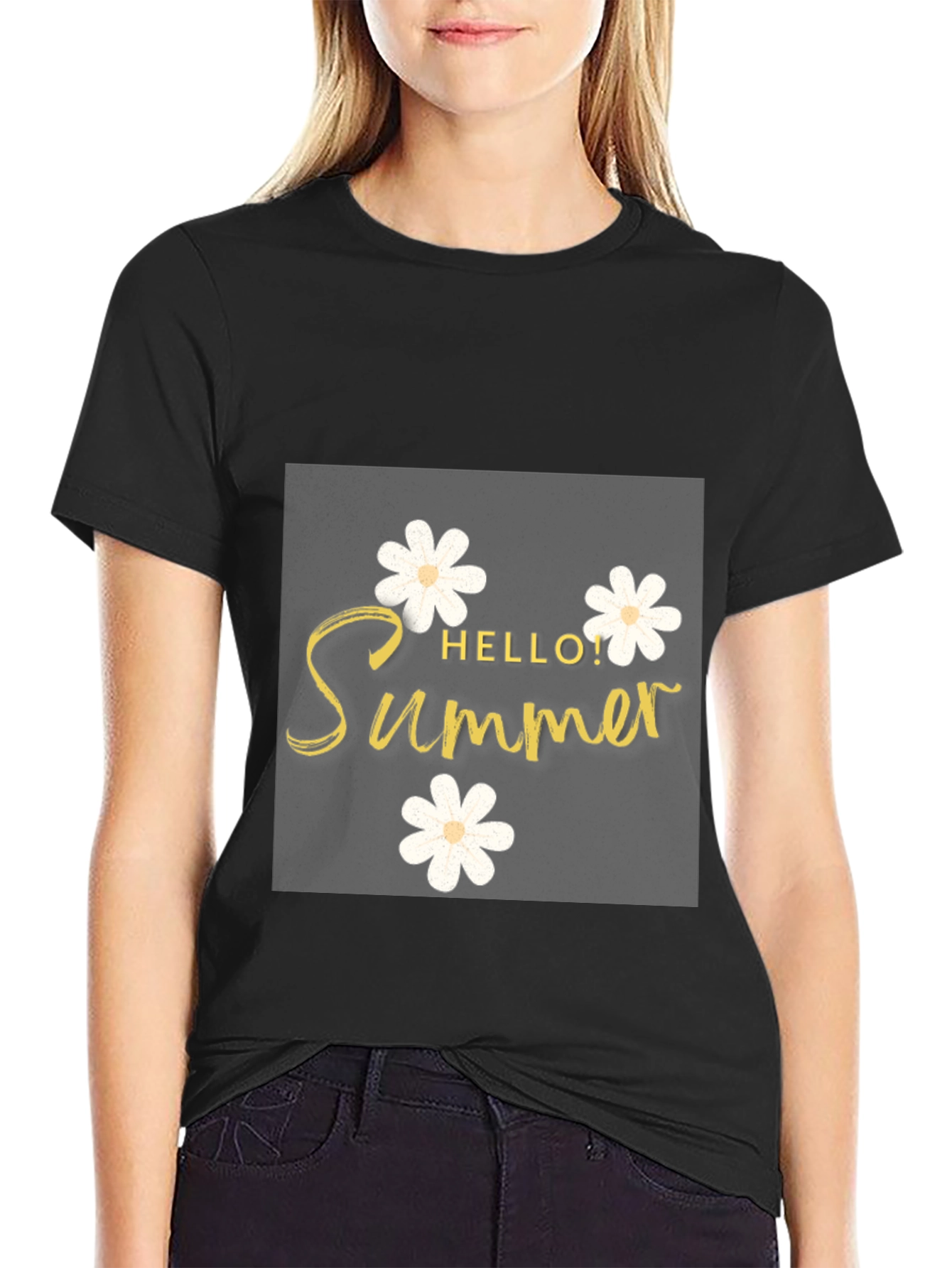 Hello Summer Black T-Shirt with Floral Design