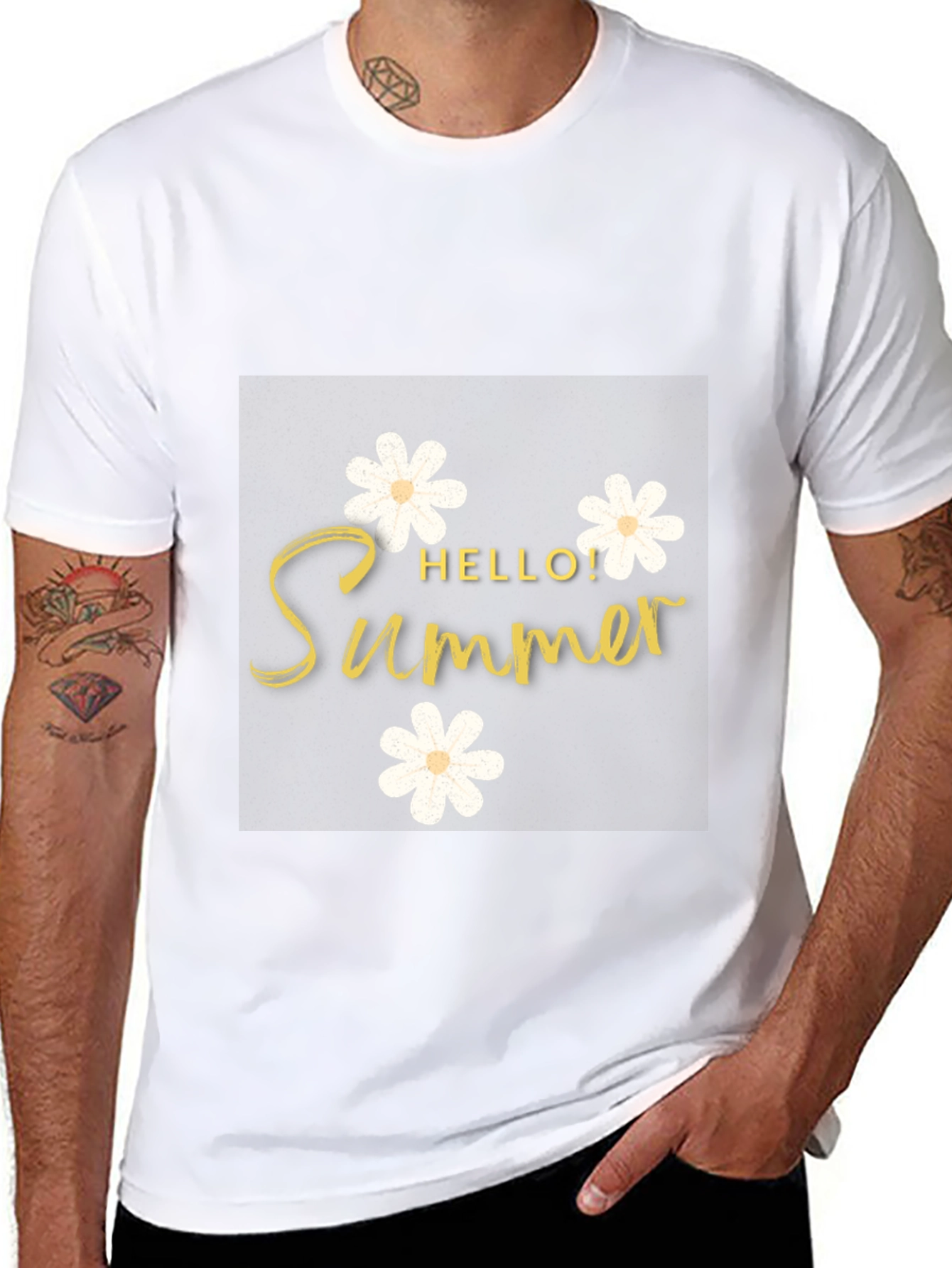 Hello Summer Black T-Shirt with Floral Design