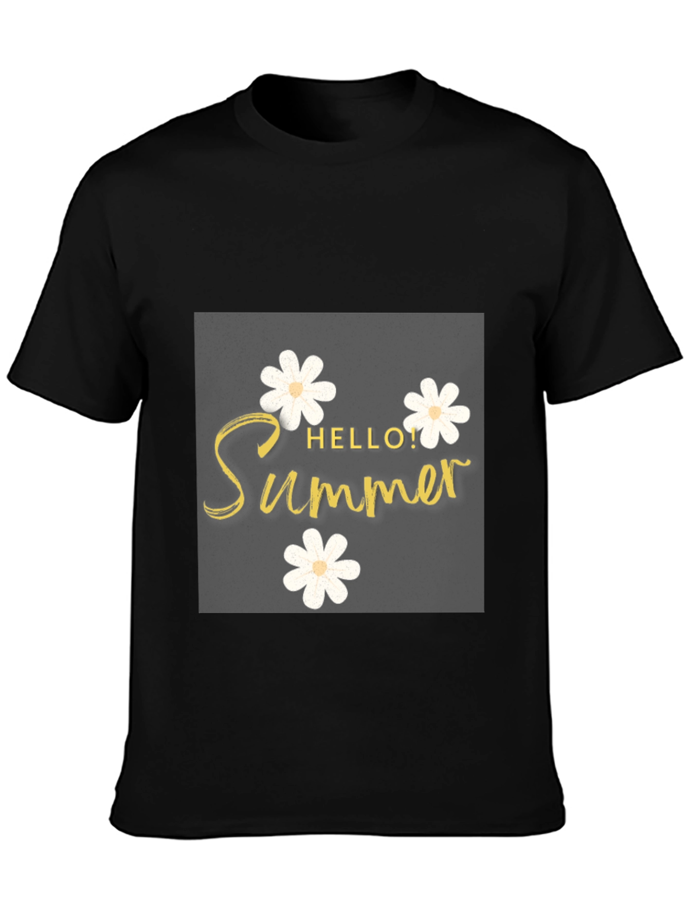 Hello Summer Black T-Shirt with Floral Design