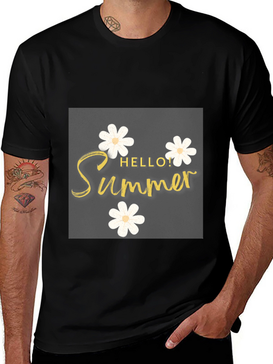 Hello Summer Black T-Shirt with Floral Design