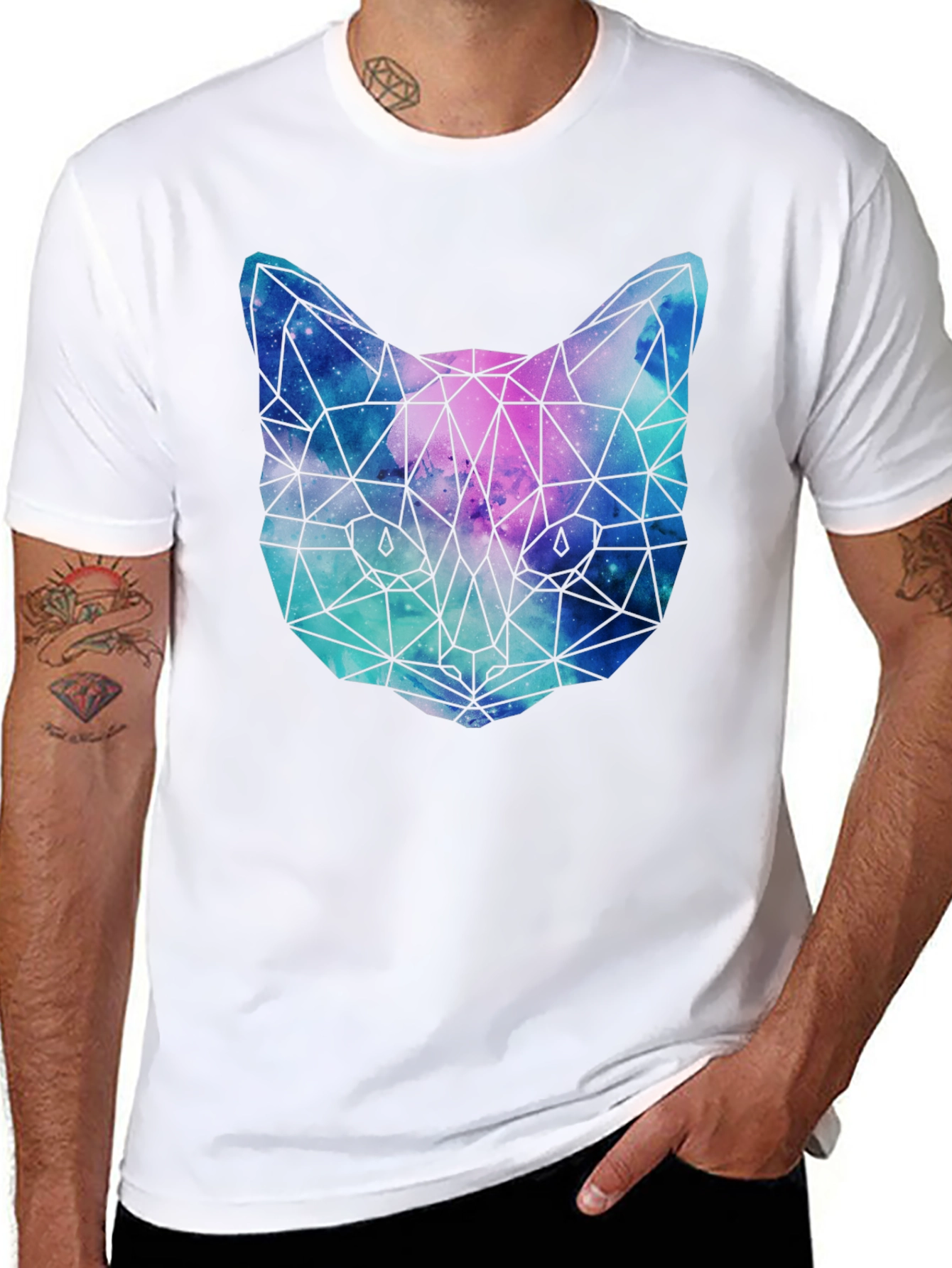 Geometric Galaxy Cat T-Shirt - Unisex Black Tee