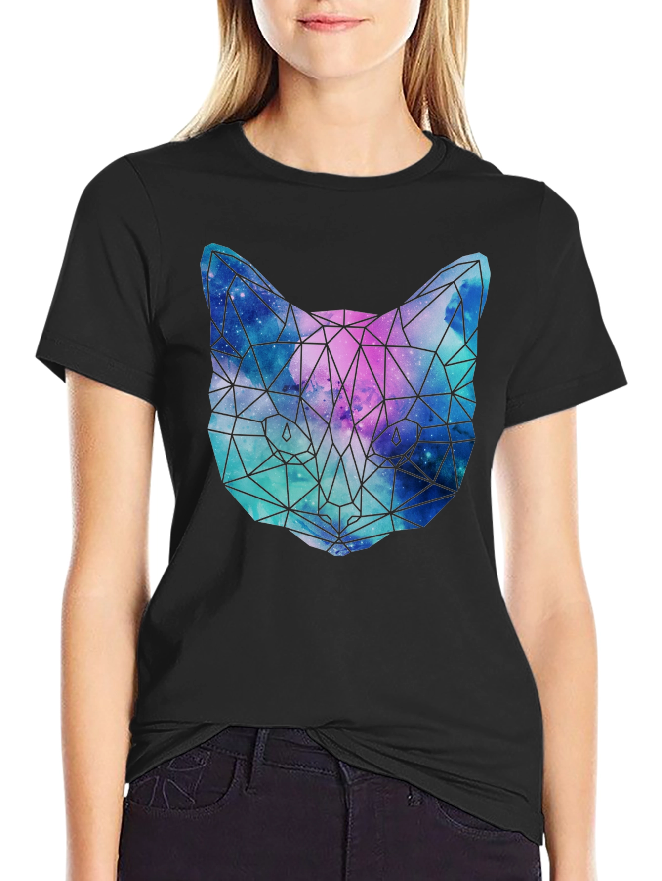 Geometric Galaxy Cat T-Shirt - Unisex Black Tee