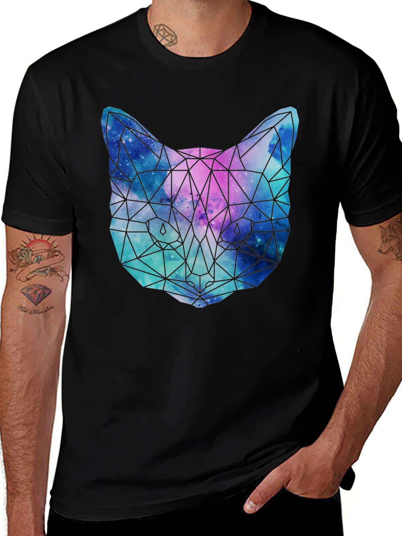 Geometric Galaxy Cat T-Shirt - Unisex Black Tee