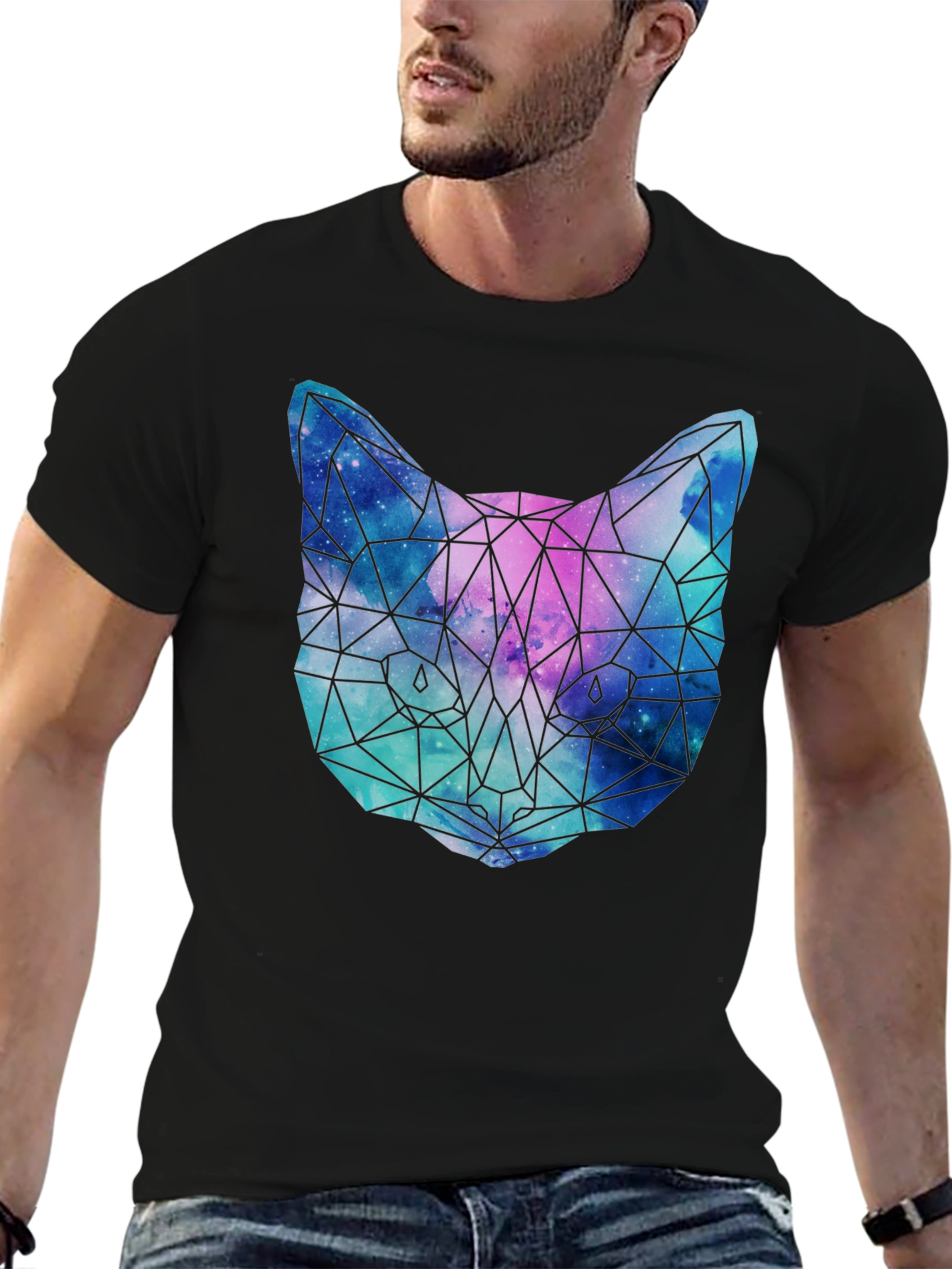 Geometric Galaxy Cat T-Shirt - Unisex Black Tee