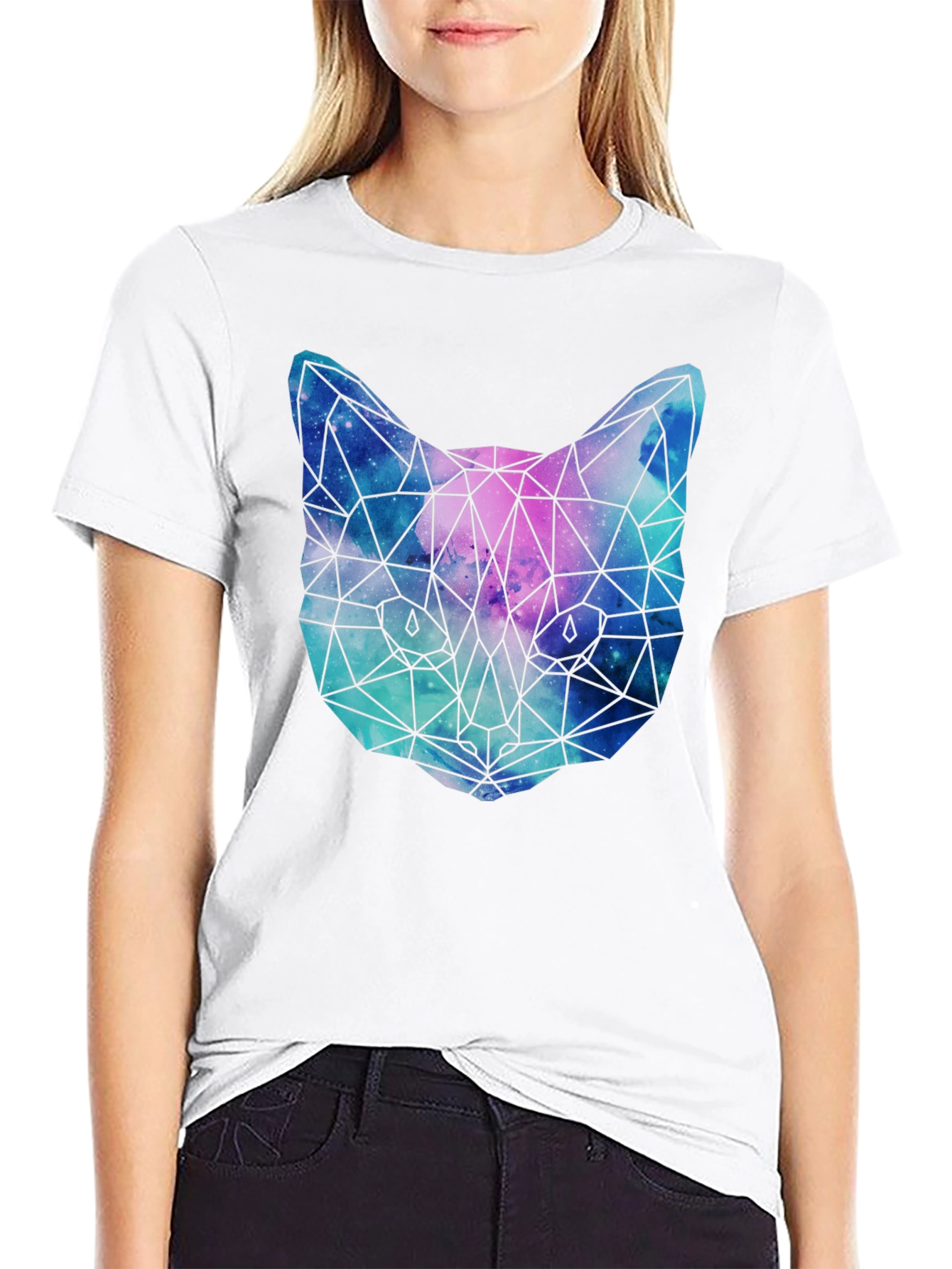Geometric Galaxy Cat T-Shirt - Unisex Black Tee