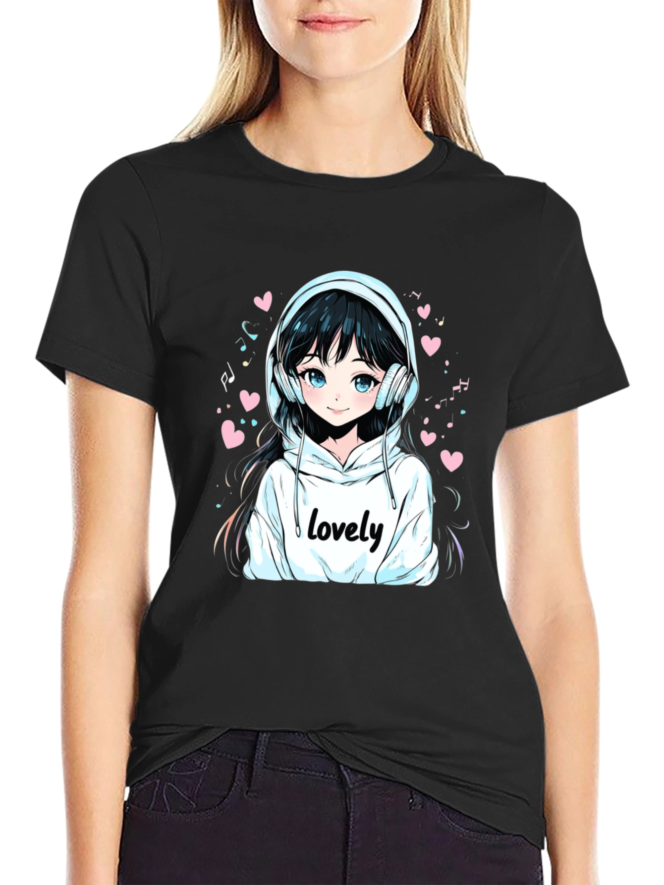 Anime Girl Lovely Graphic Black T-Shirt