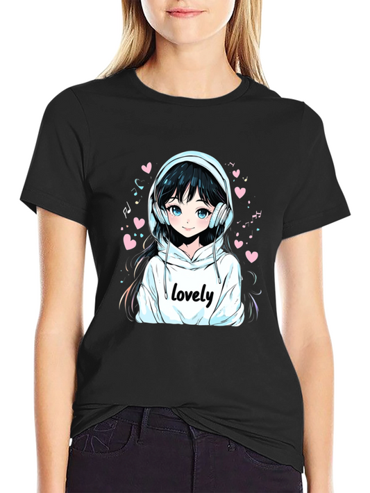 Anime Girl Lovely Graphic Black T-Shirt