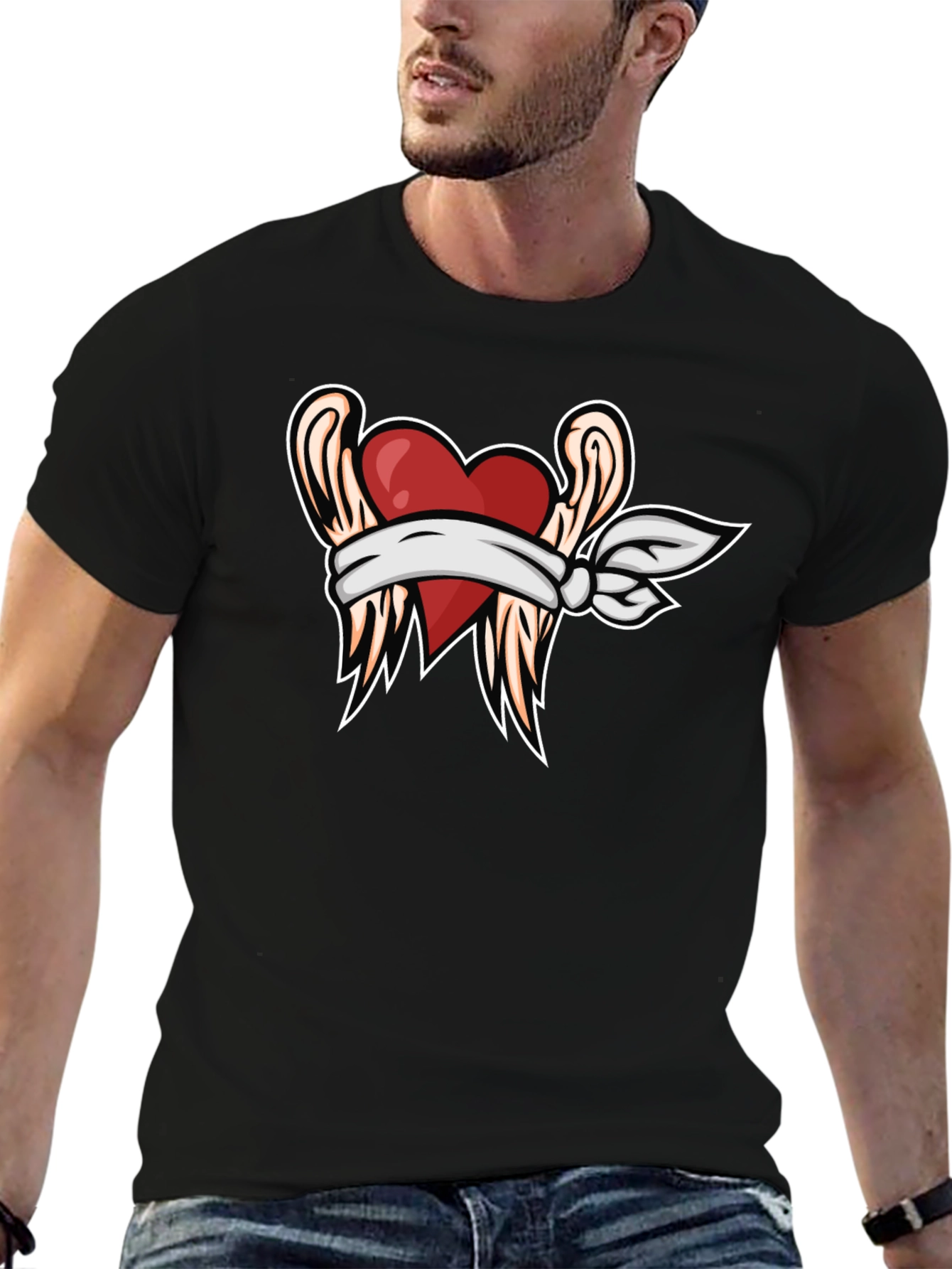 Heart & Wings Graphic Tee - Black Casual T-Shirt