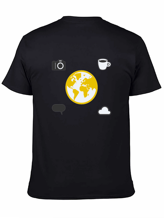 Graphic Tee - Camera Globe Coffee Cup Cloud & Speech Bubble Design