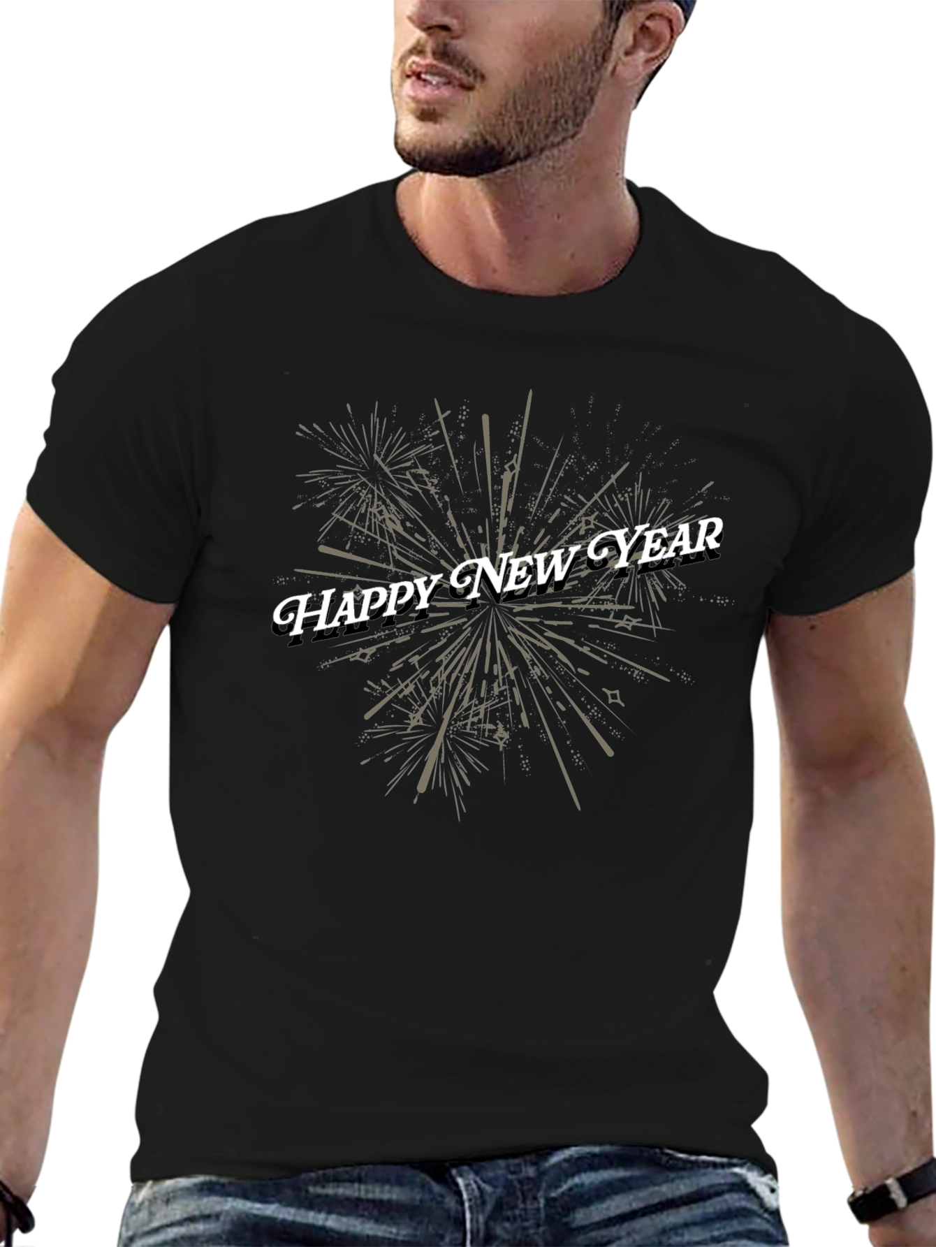 Happy New Year Fireworks Graphic Tee - Black