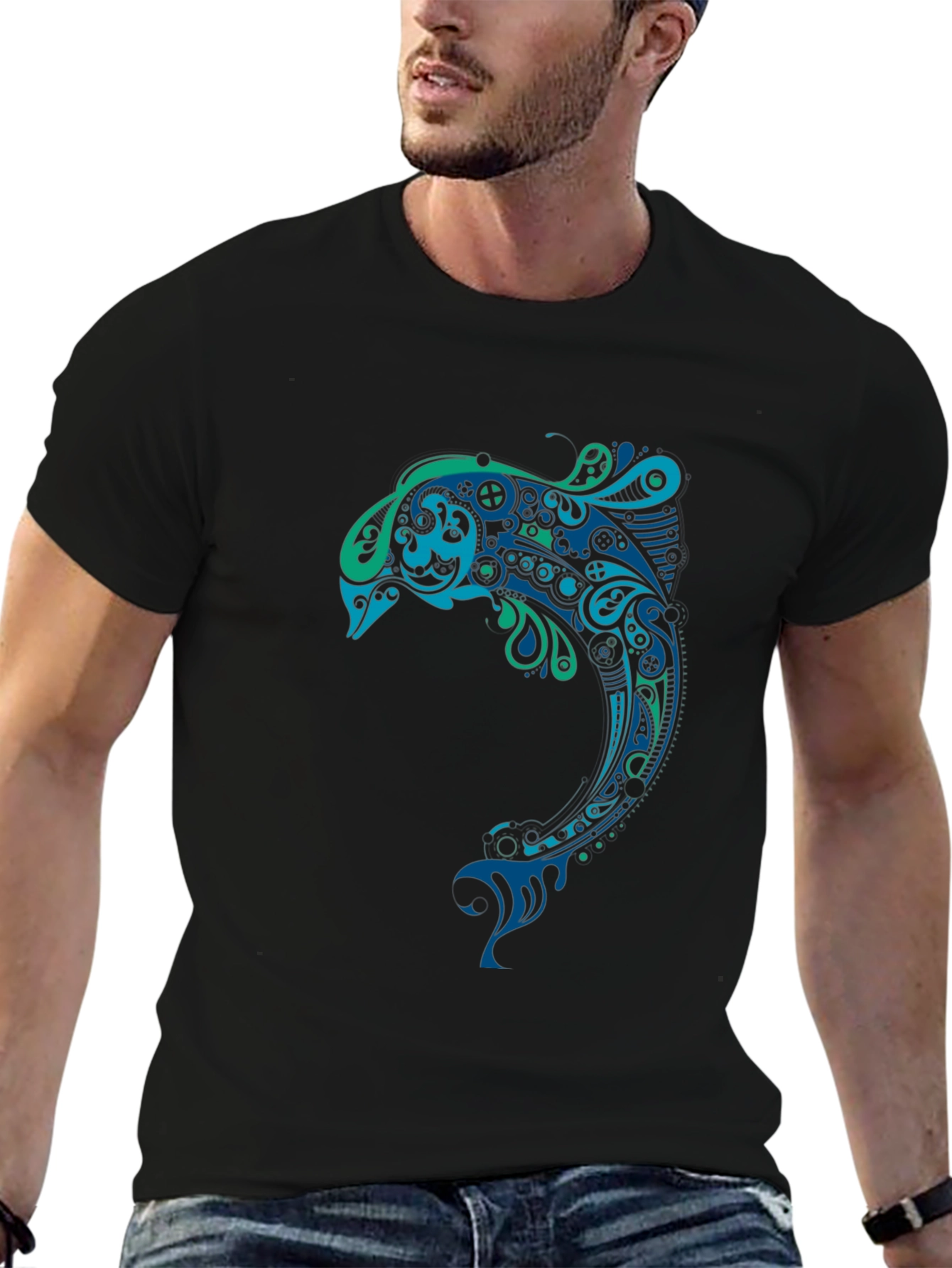 Artistic Dolphin Graphic Tee - Black