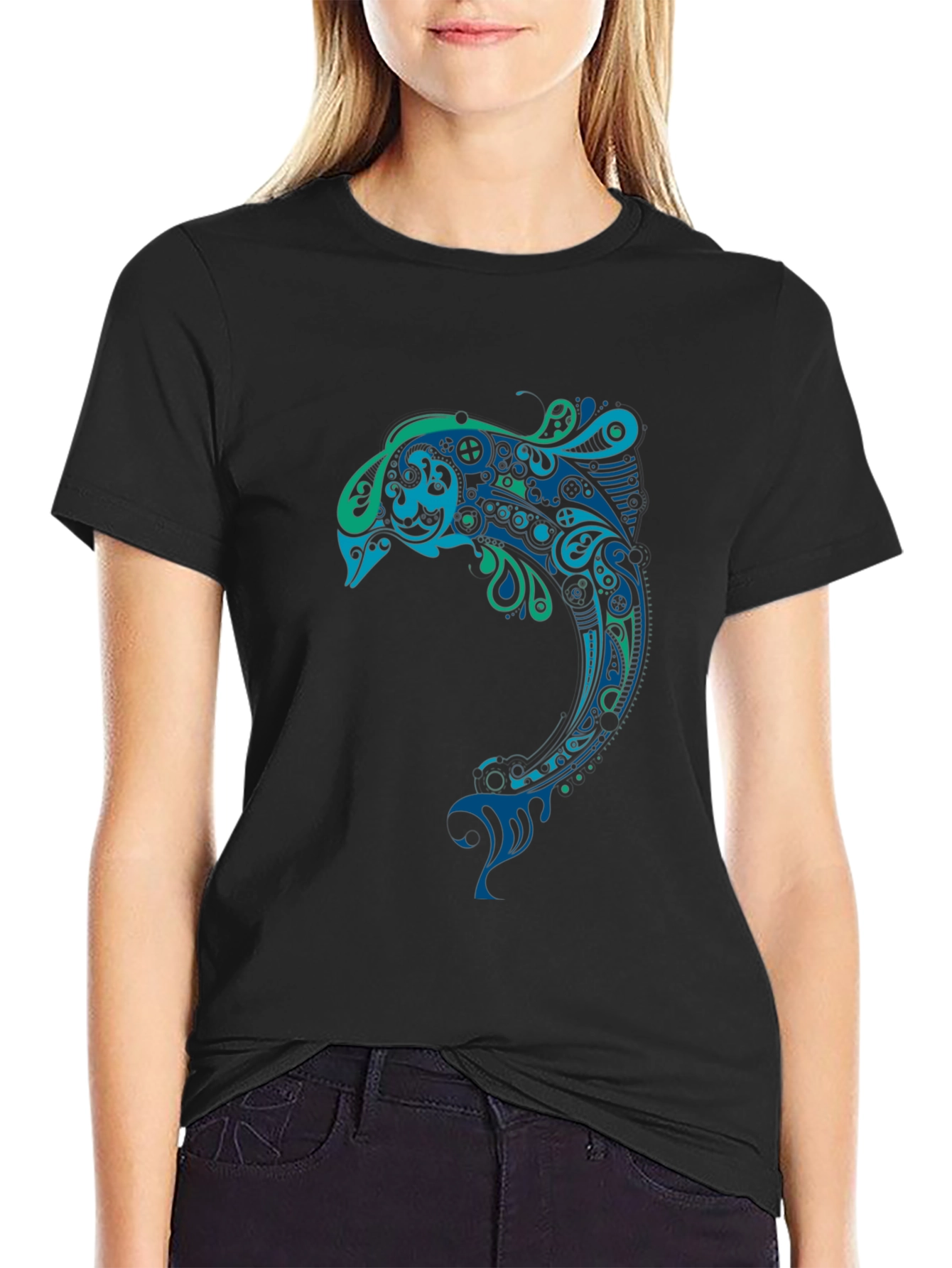 Artistic Dolphin Graphic Tee - Black