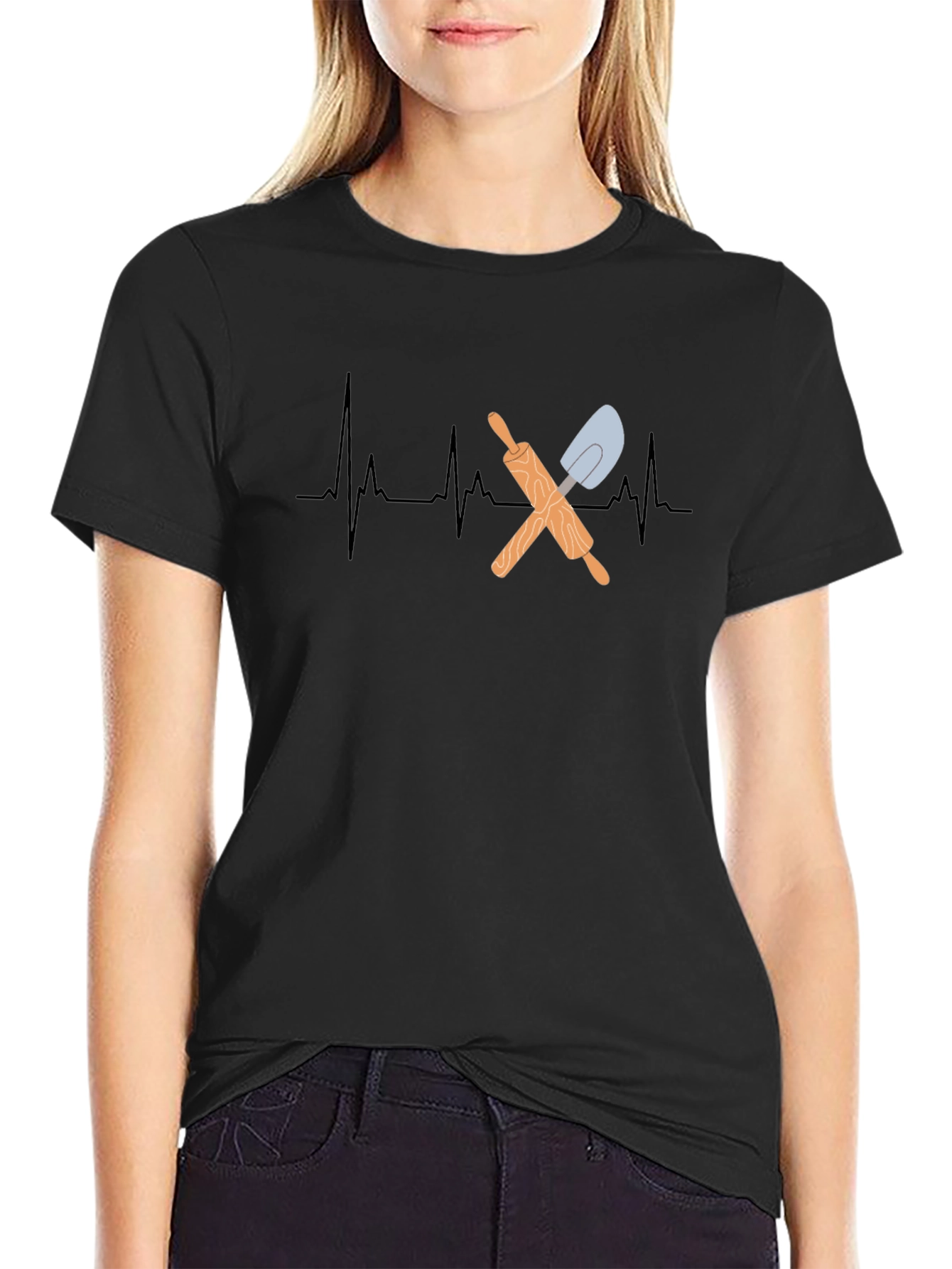 Bakers Heartbeat T-Shirt - Rolling Pin & Spatula Design