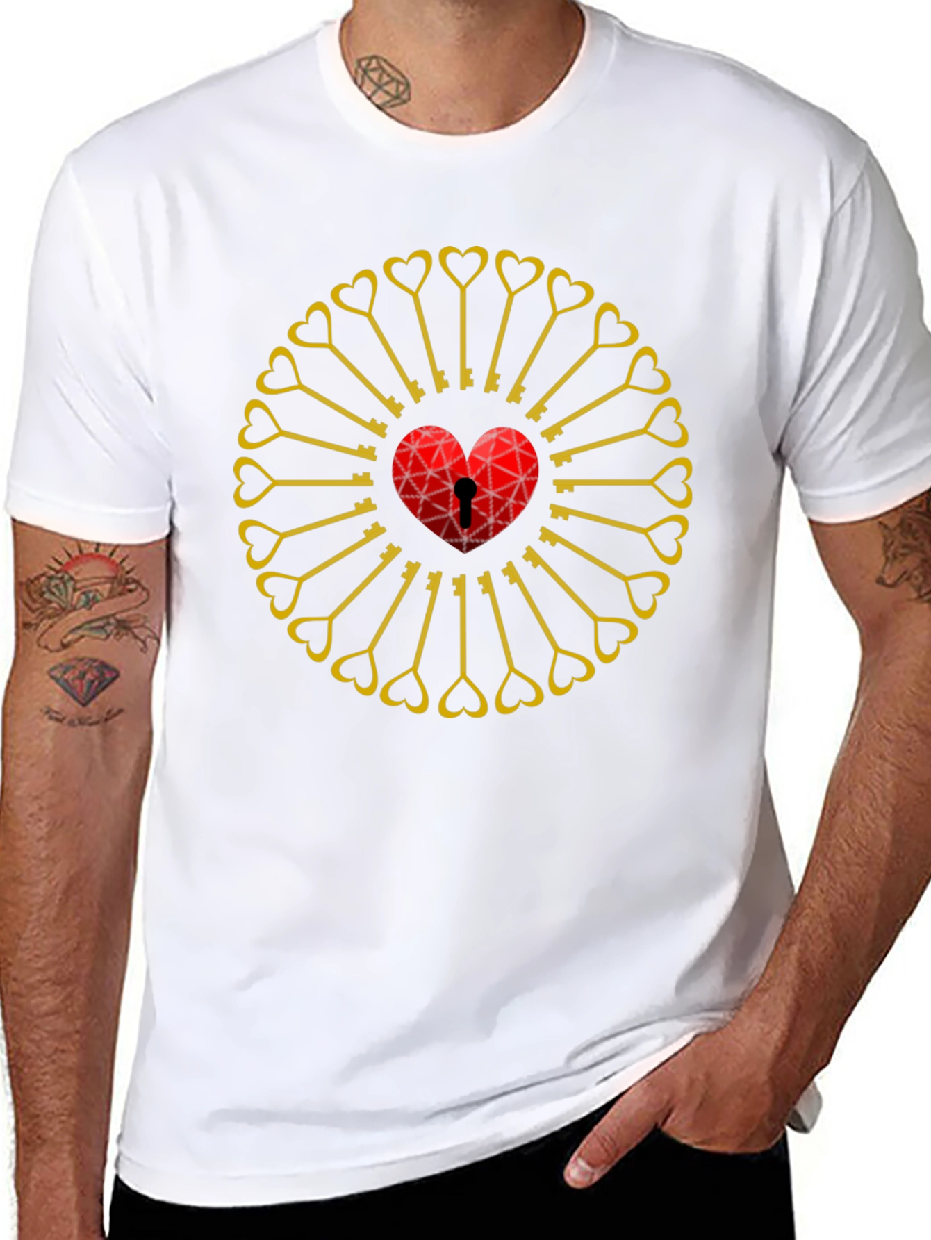 Heart Lock & Key Pattern Black T-Shirt