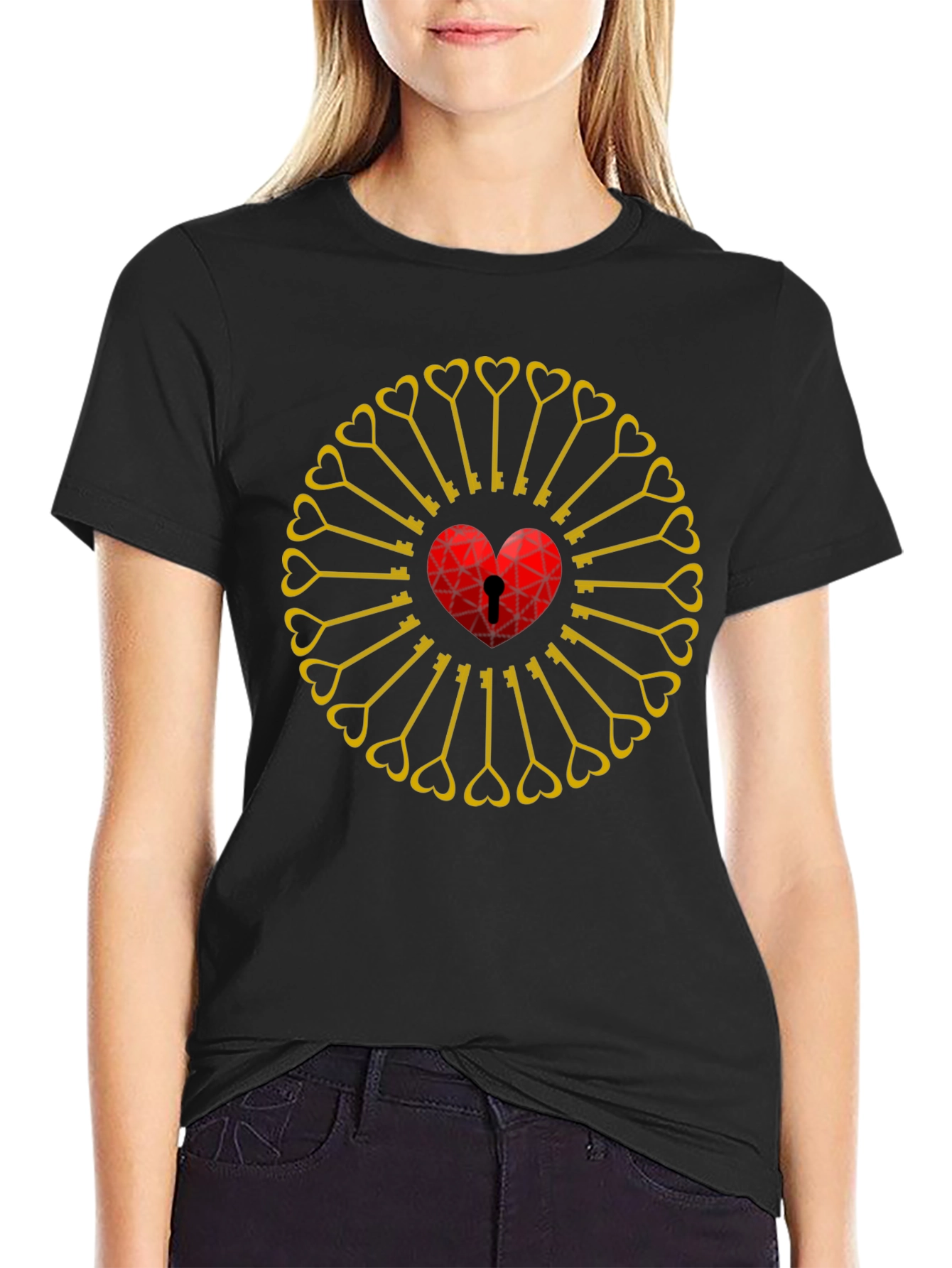 Heart Lock & Key Pattern Black T-Shirt
