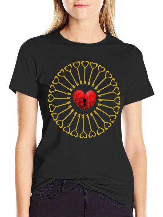 Heart Lock & Key Pattern Black T-Shirt