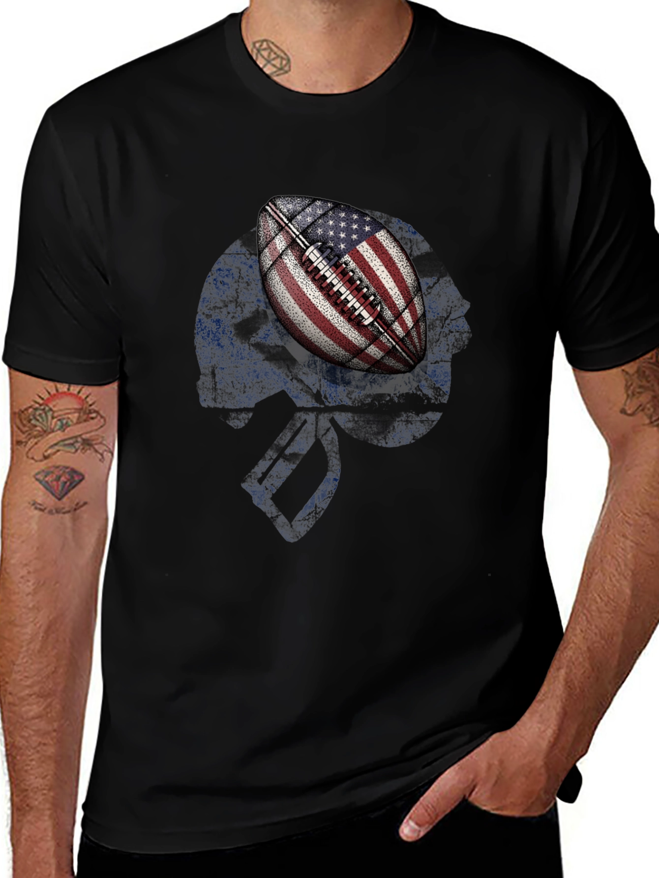 American Flag Football Skull Graphic T-Shirt