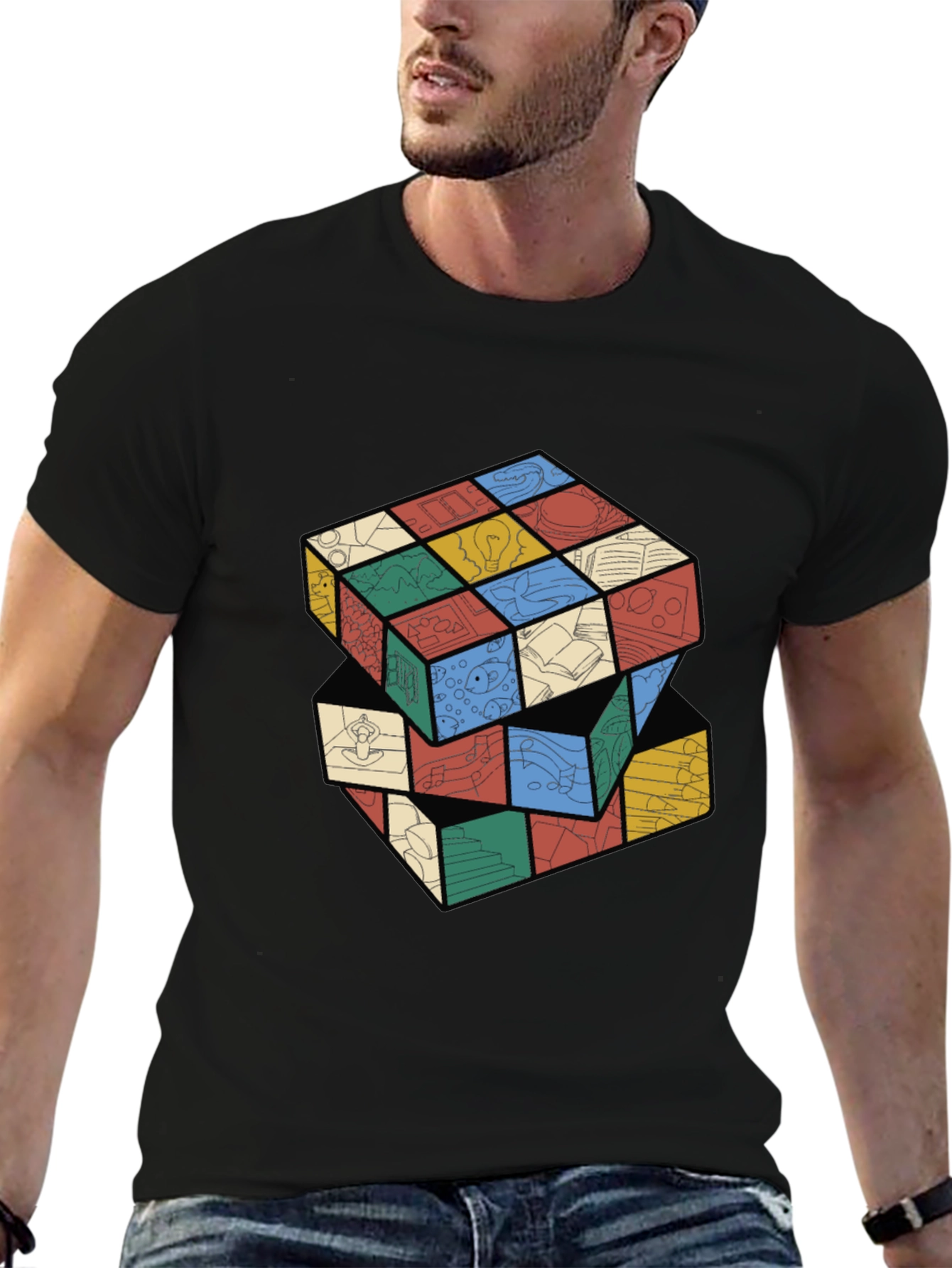 Artistic Rubiks Cube Design Black T-Shirt