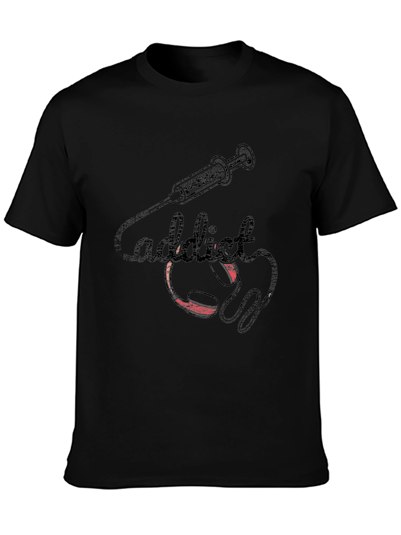 Addict Black T-Shirt with Syringe and Headphone Graphic