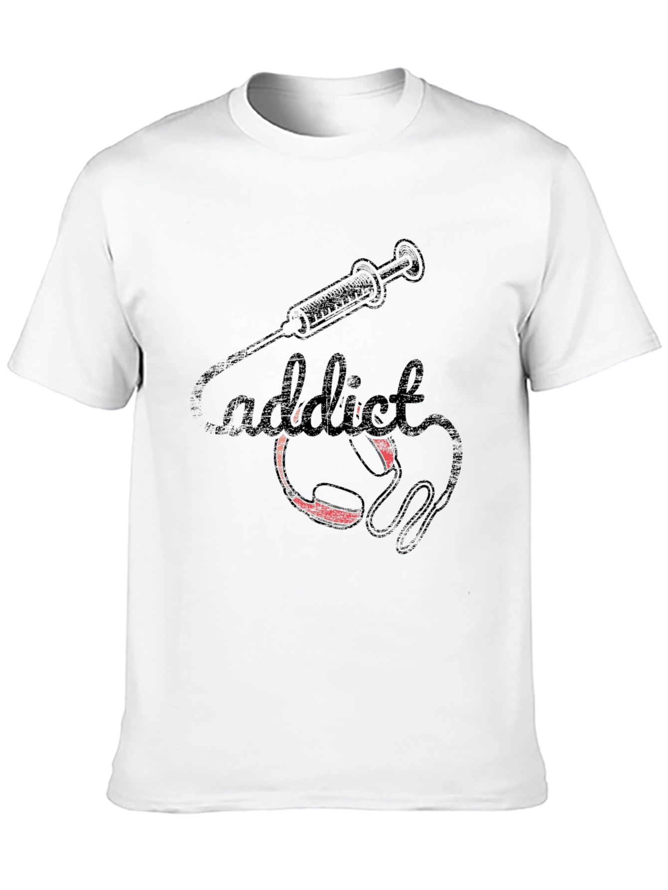 Addict Black T-Shirt with Syringe and Headphone Graphic