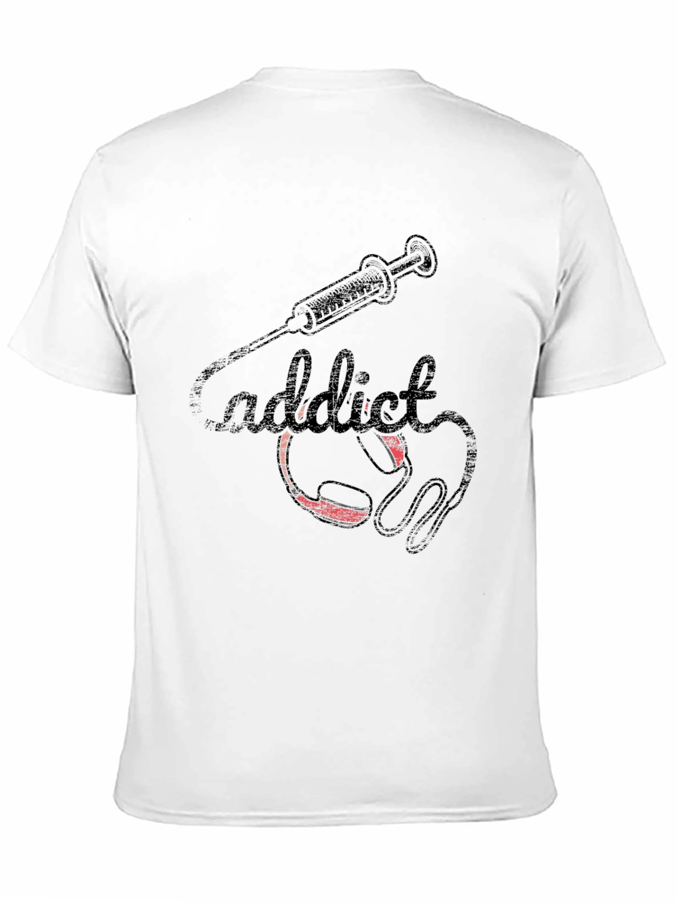 Addict Black T-Shirt with Syringe and Headphone Graphic