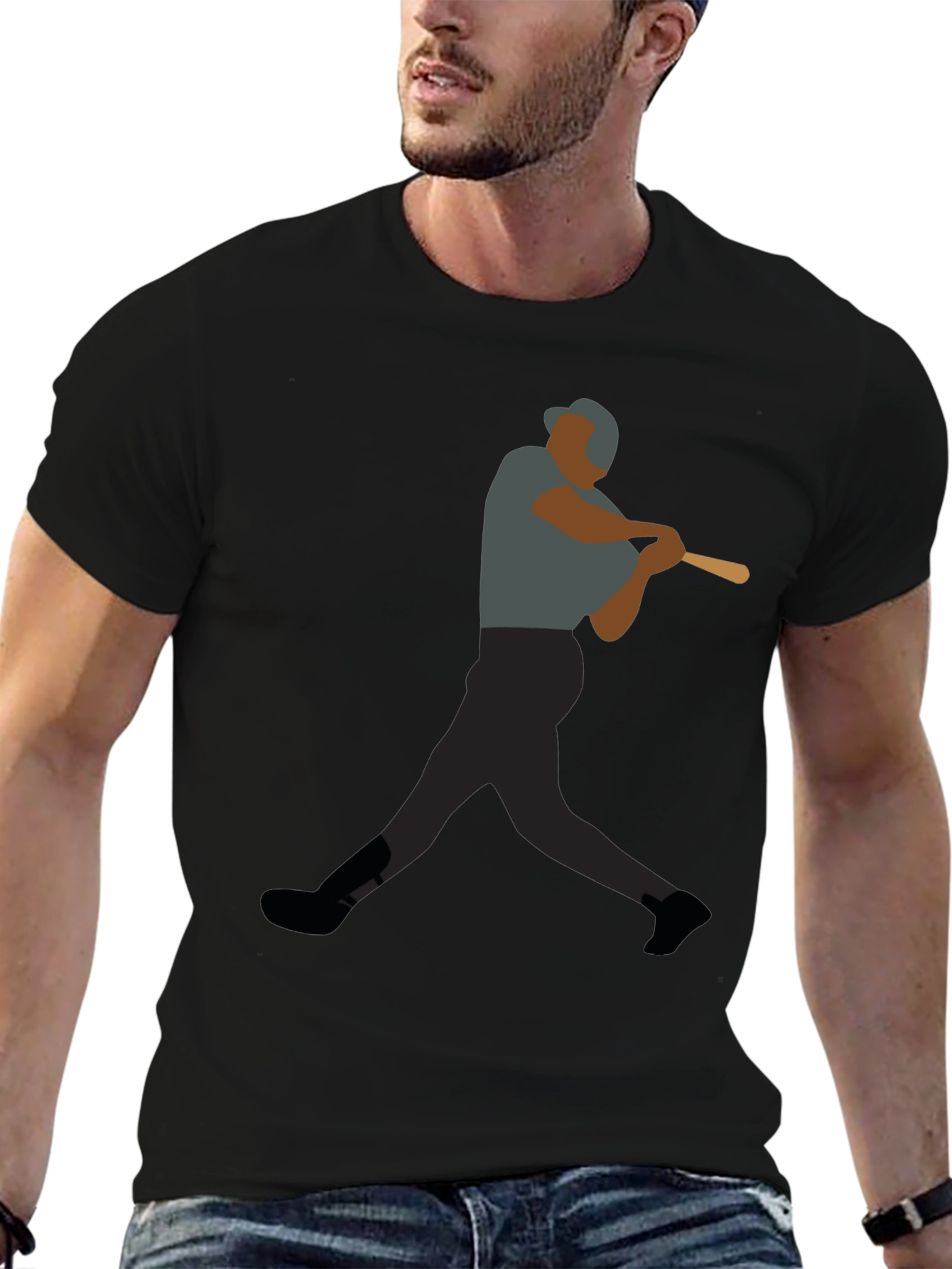 Baseball Player Graphic Tee - Black Cotton Shirt