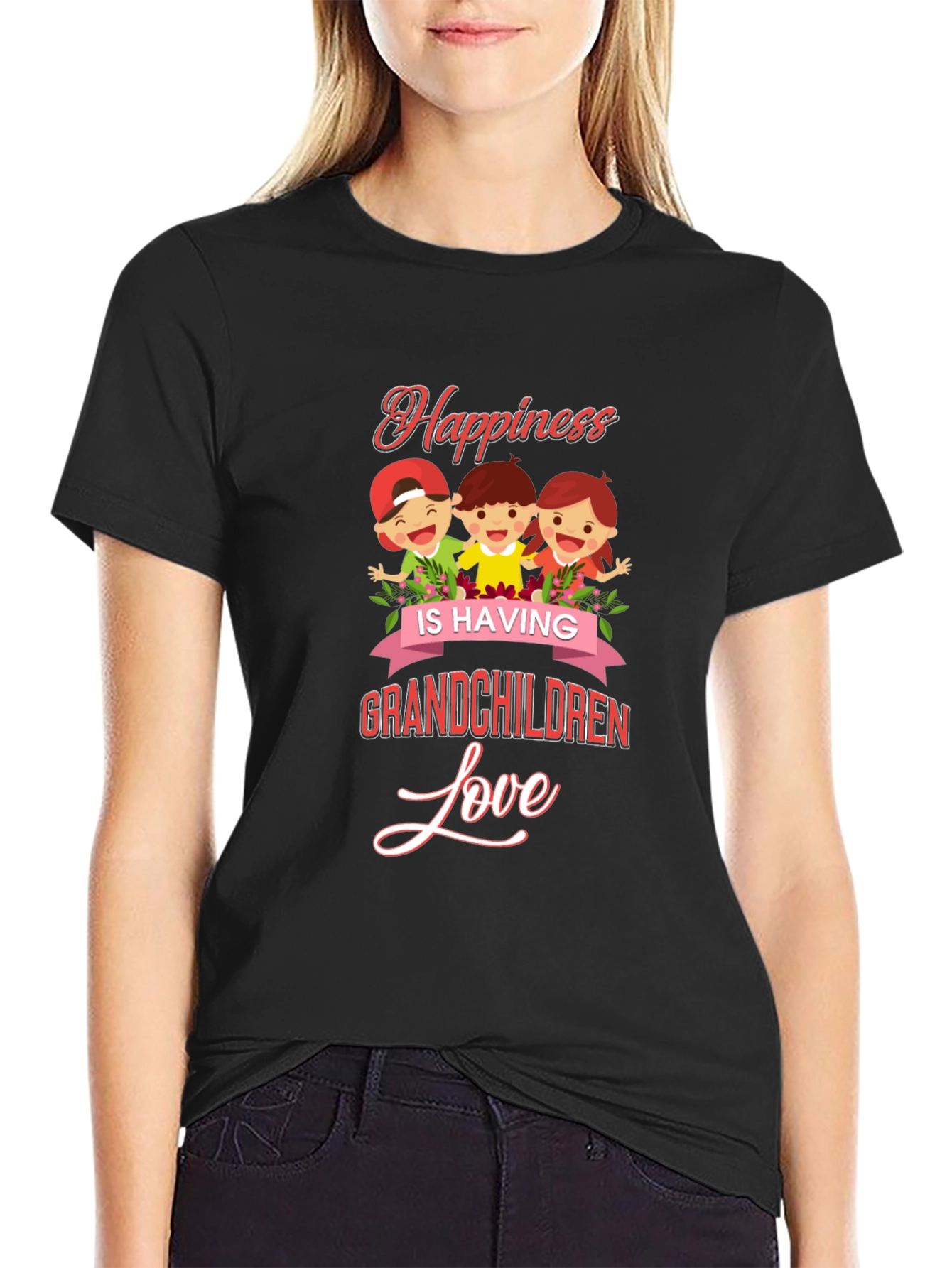 Happiness Grandchildren Love Black Graphic T-Shirt