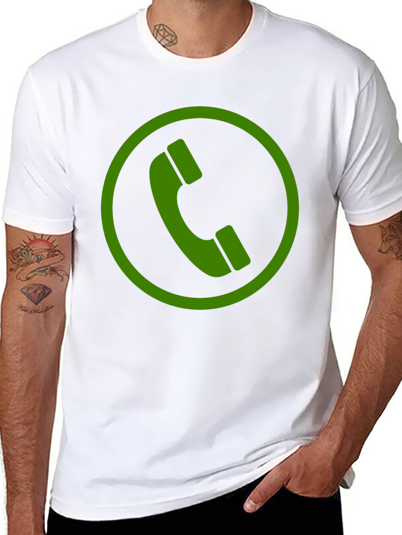 Green Phone Symbol Black Cotton T-Shirt