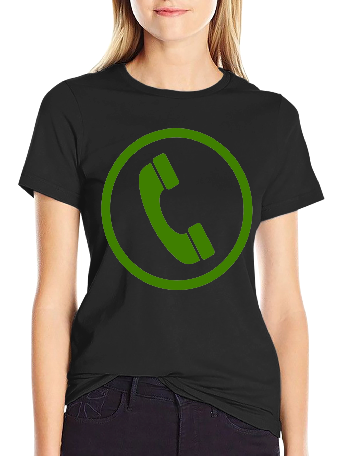 Green Phone Symbol Black Cotton T-Shirt