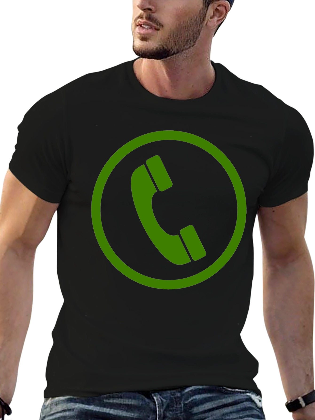 Green Phone Symbol Black Cotton T-Shirt