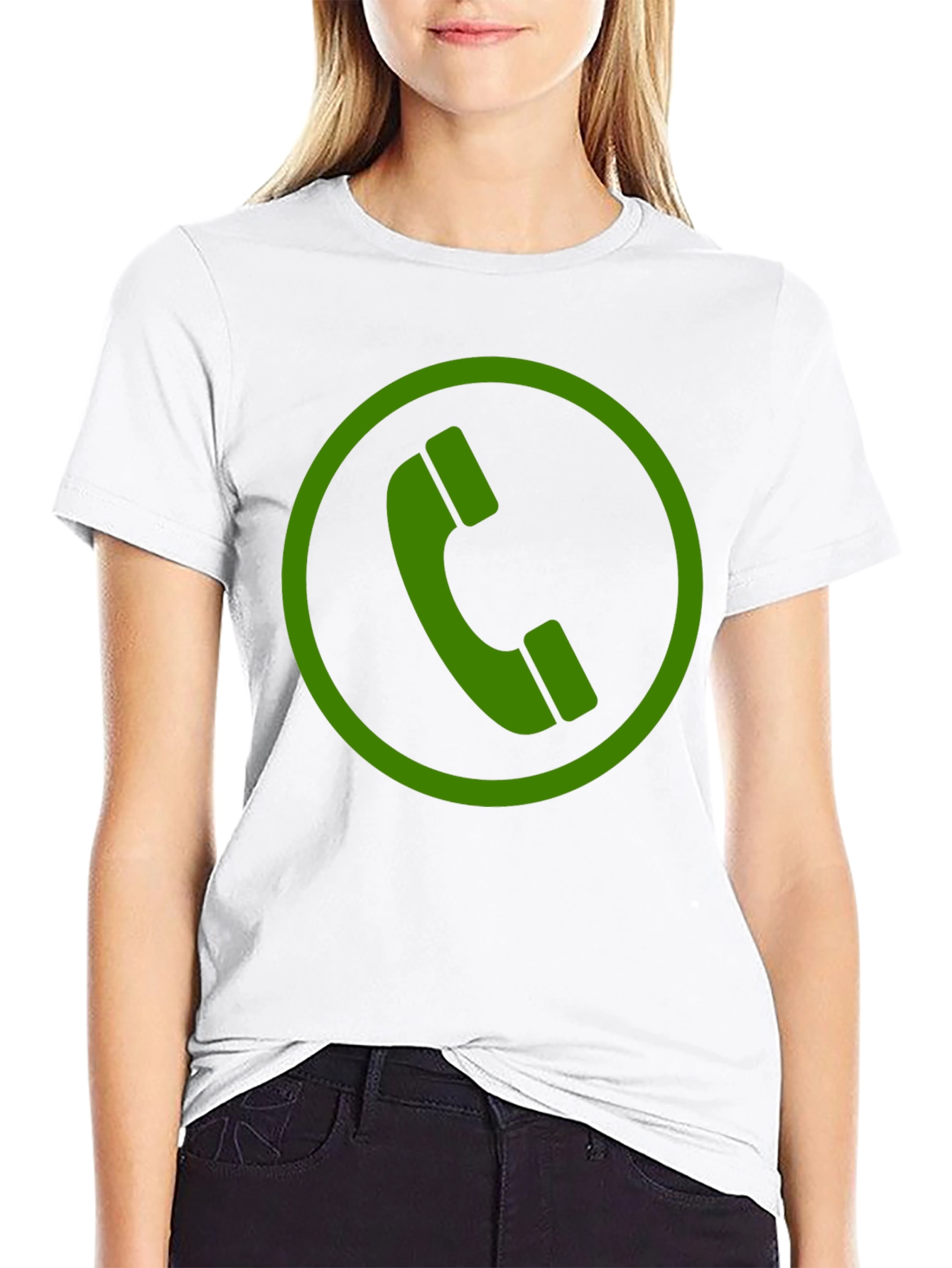 Green Phone Symbol Black Cotton T-Shirt