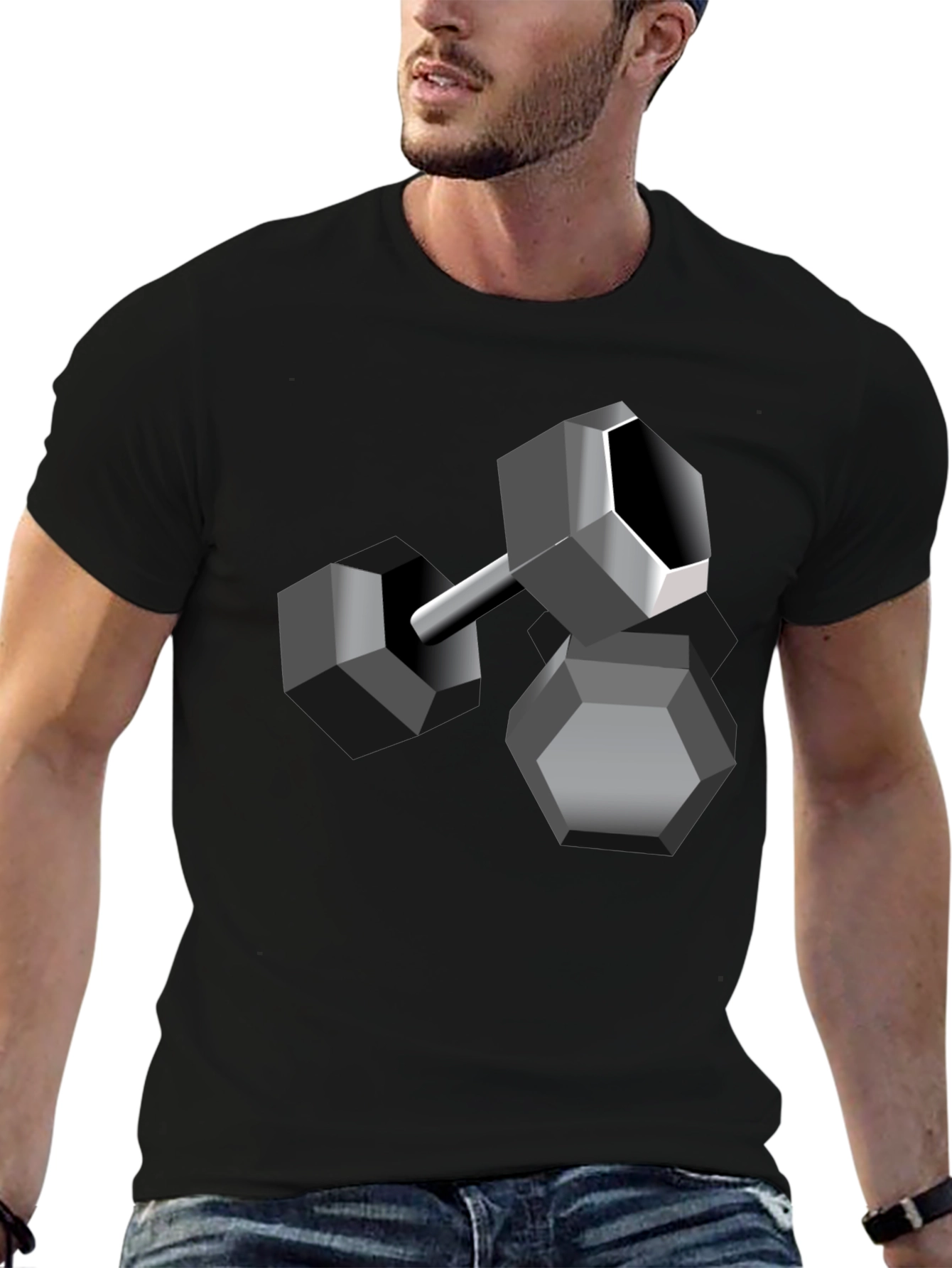 Geometric Dumbbell Graphic Tee - Black Cotton Blend