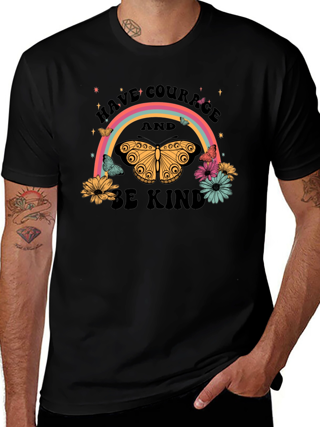 Have Courage Be Kind Rainbow Butterfly Black T-Shirt