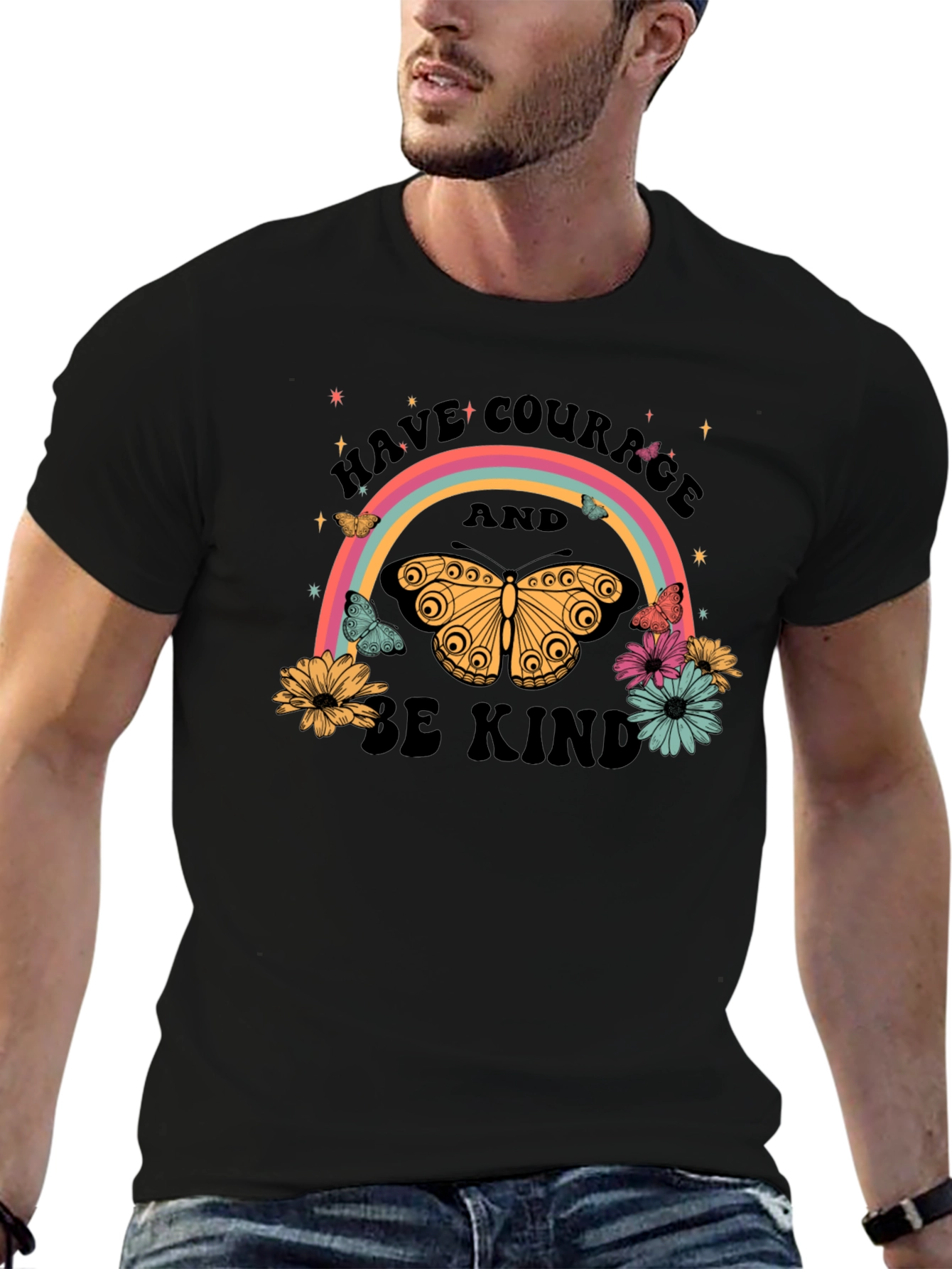 Have Courage Be Kind Rainbow Butterfly Black T-Shirt