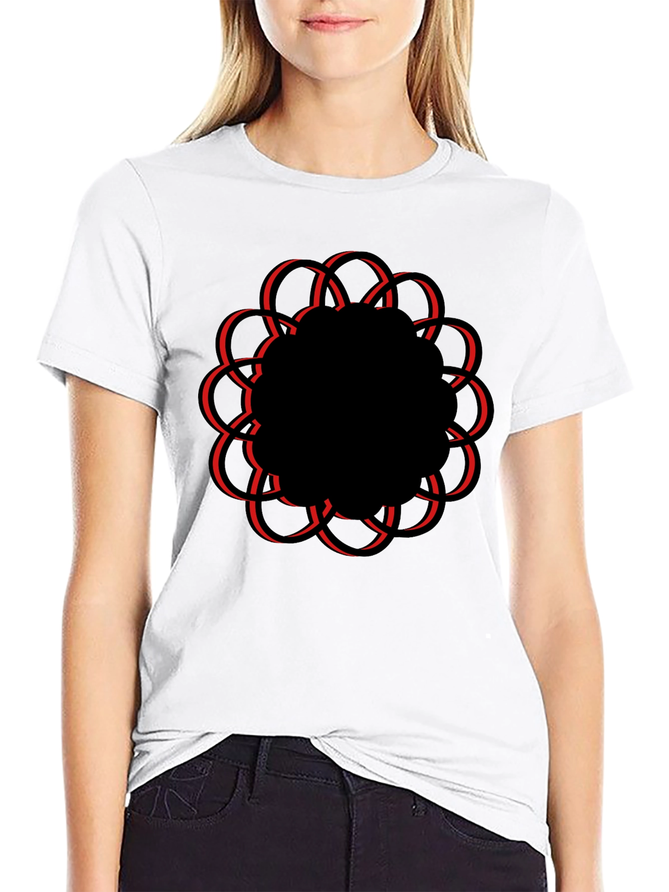 Geometric Flower Graphic Tee - Casual Black T-Shirt