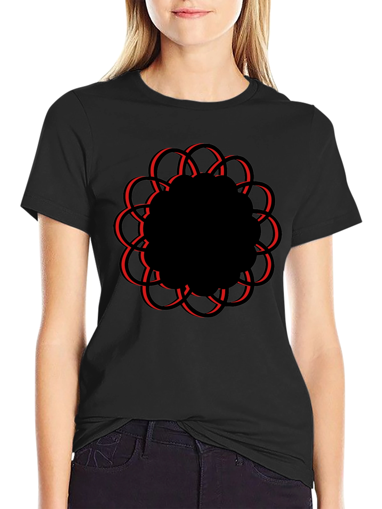 Geometric Flower Graphic Tee - Casual Black T-Shirt