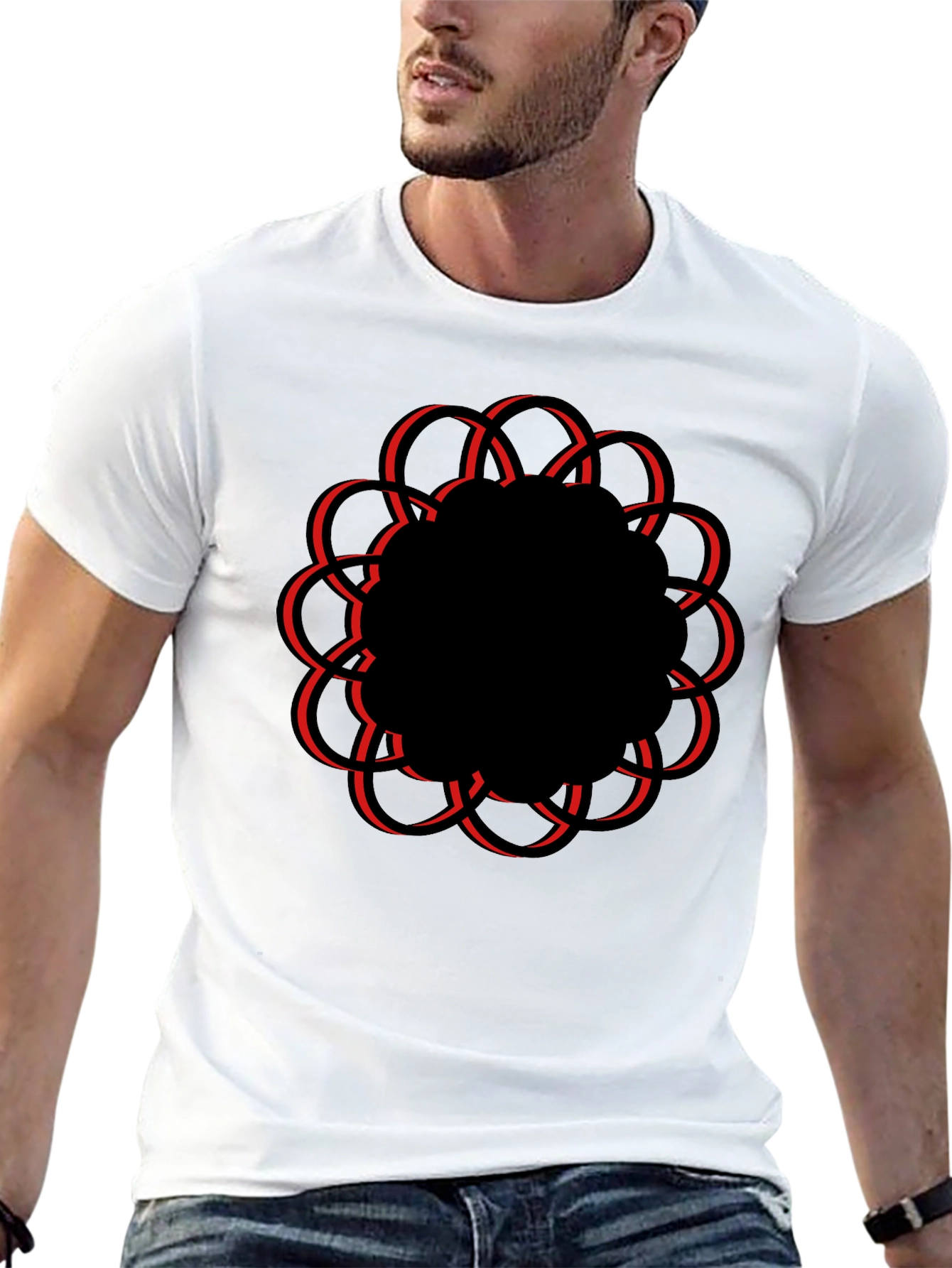 Geometric Flower Graphic Tee - Casual Black T-Shirt